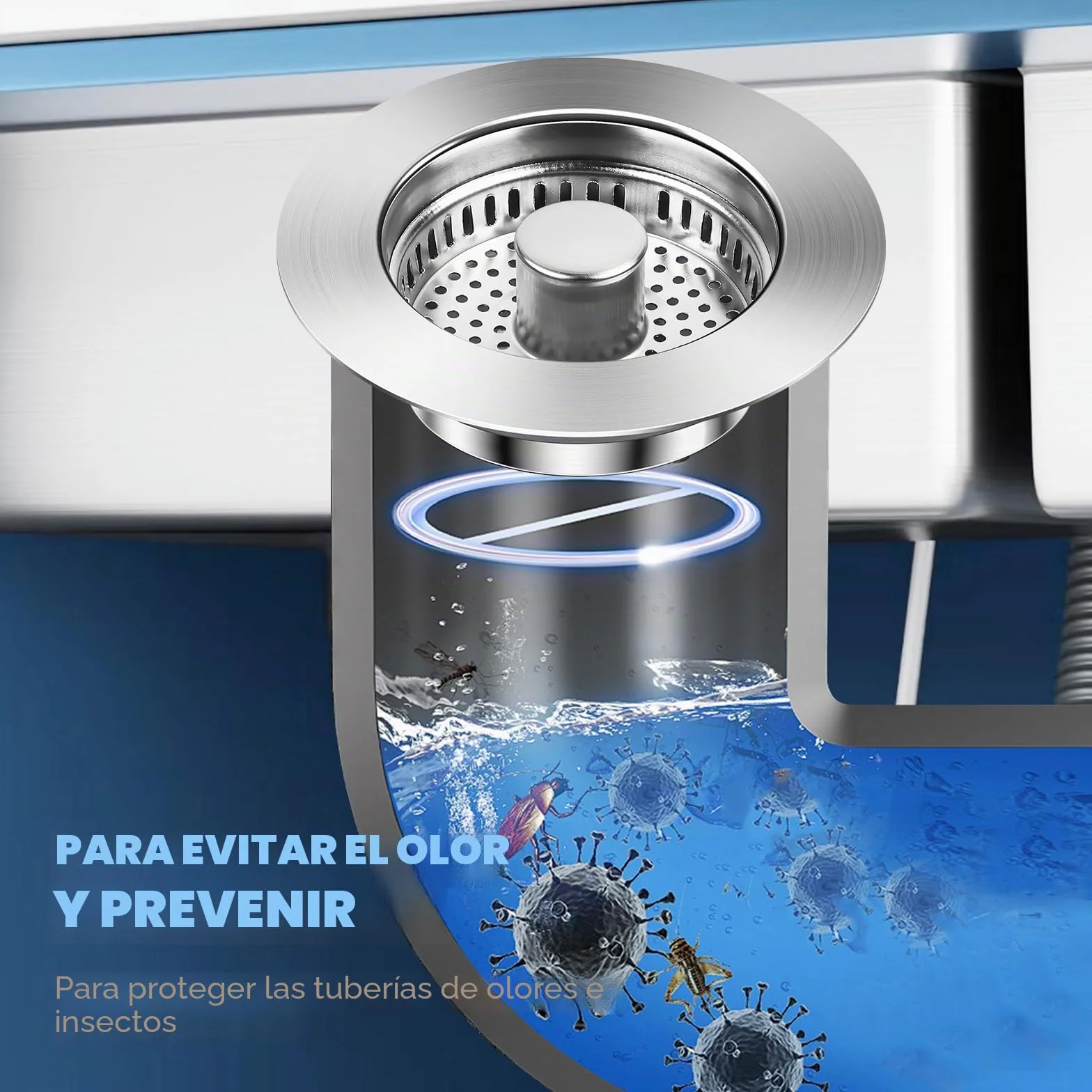 Tapon Fregadero Cocina Acero Inoxidable 3 en 1, Cesta Universal con Filtro, Orificio 75-86 mm