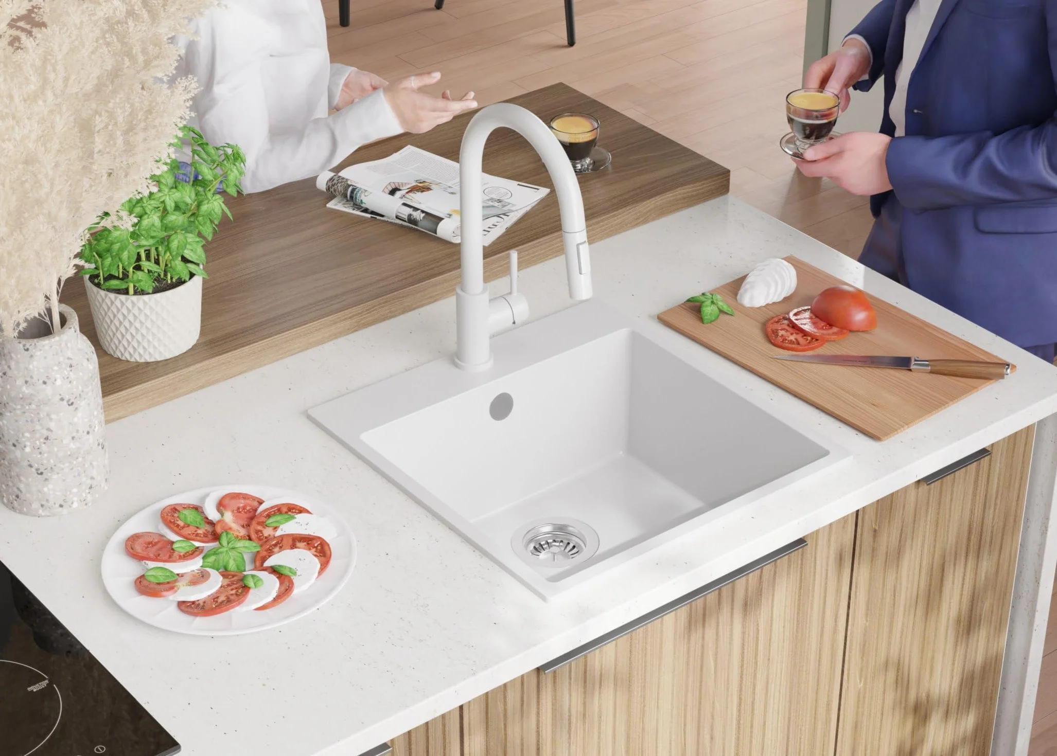 PRIMAGRAN Fregadero Granito Blanco 48x50cm, Cocina 1 Seno + Grifo 32x20cm + Sifón, Sobre Encimera al Mueble 50cm - Riga S227