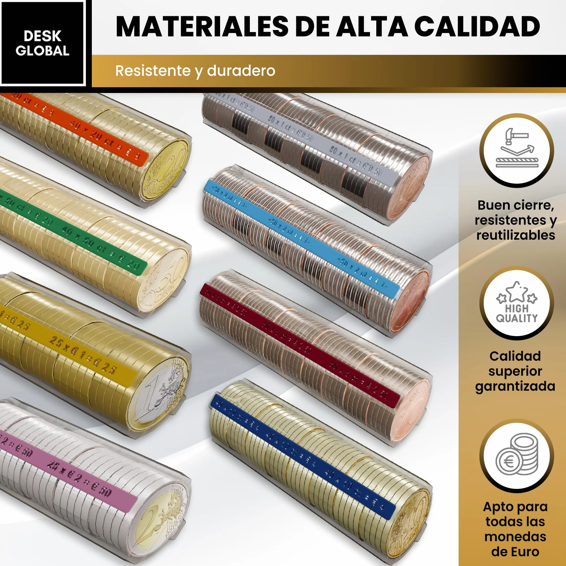 Clasificador de Monedas Pack 120 Cartuchos Porta Monedas Homologados Reforzados para Euros y Céntimos