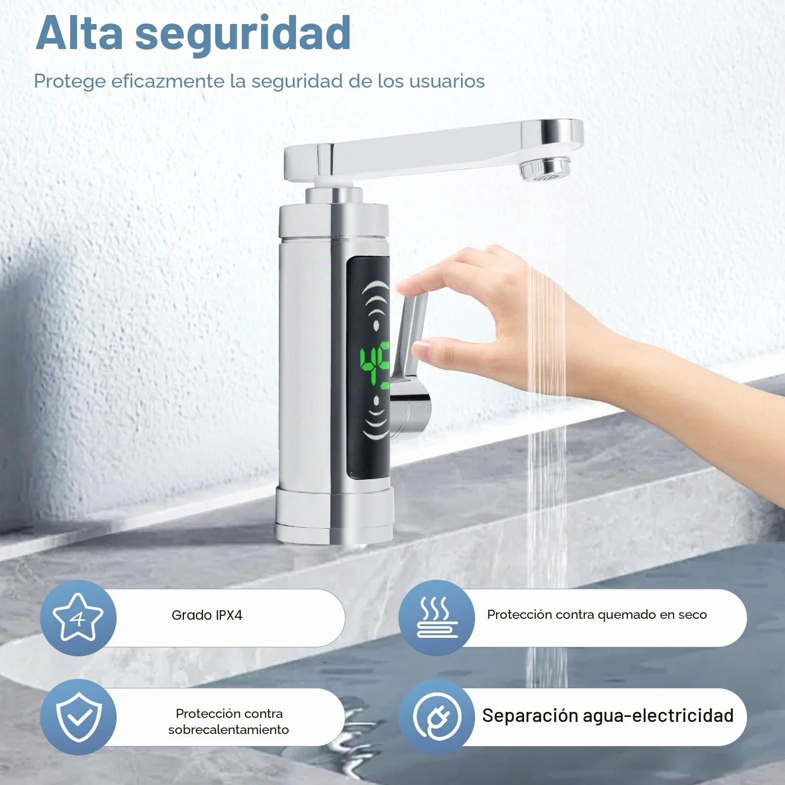 Grifo con calentador de agua instantáneo, 3000 W IPX4 Calentador eléctrico Grifo con indicador de temperatura LED legible, 360° giratorio Grifo calentador instantáneo para cocina, baño (plateado)