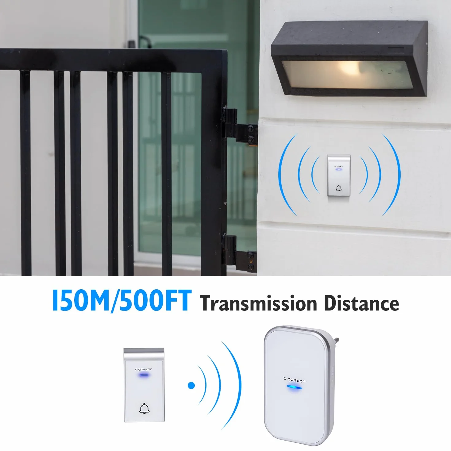 Aigostar Timbre Inalámbrico de Puerta Impermeable con LED, 36 Melodías, 3 Niveles de Volumen, 2 Receptores 1 Transmisor