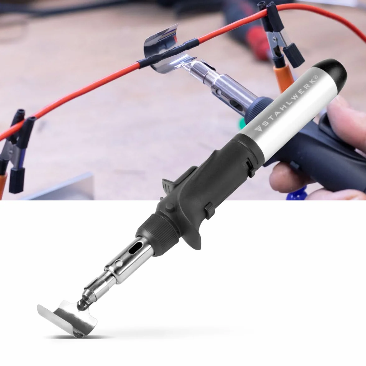 STAHLWERK soldador de gas GLK-500 ST Juego de soldadura de gas 3 en 1 de 10 piezas pistola de soldar con 200-500°C de temperatura de soldadura y boquilla de llama de 1.300°C para aire caliente