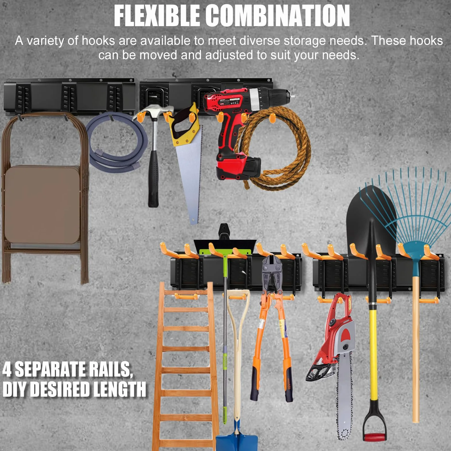 Organizador de Garaje con 4 Guías (162cm), 12 Ganchos Extraíbles con Fundas Antideslizantes, 2 Correas de Carga, Soporte de Jardín de Pared para Taller, Herramientas, Escobas, Rastrillos