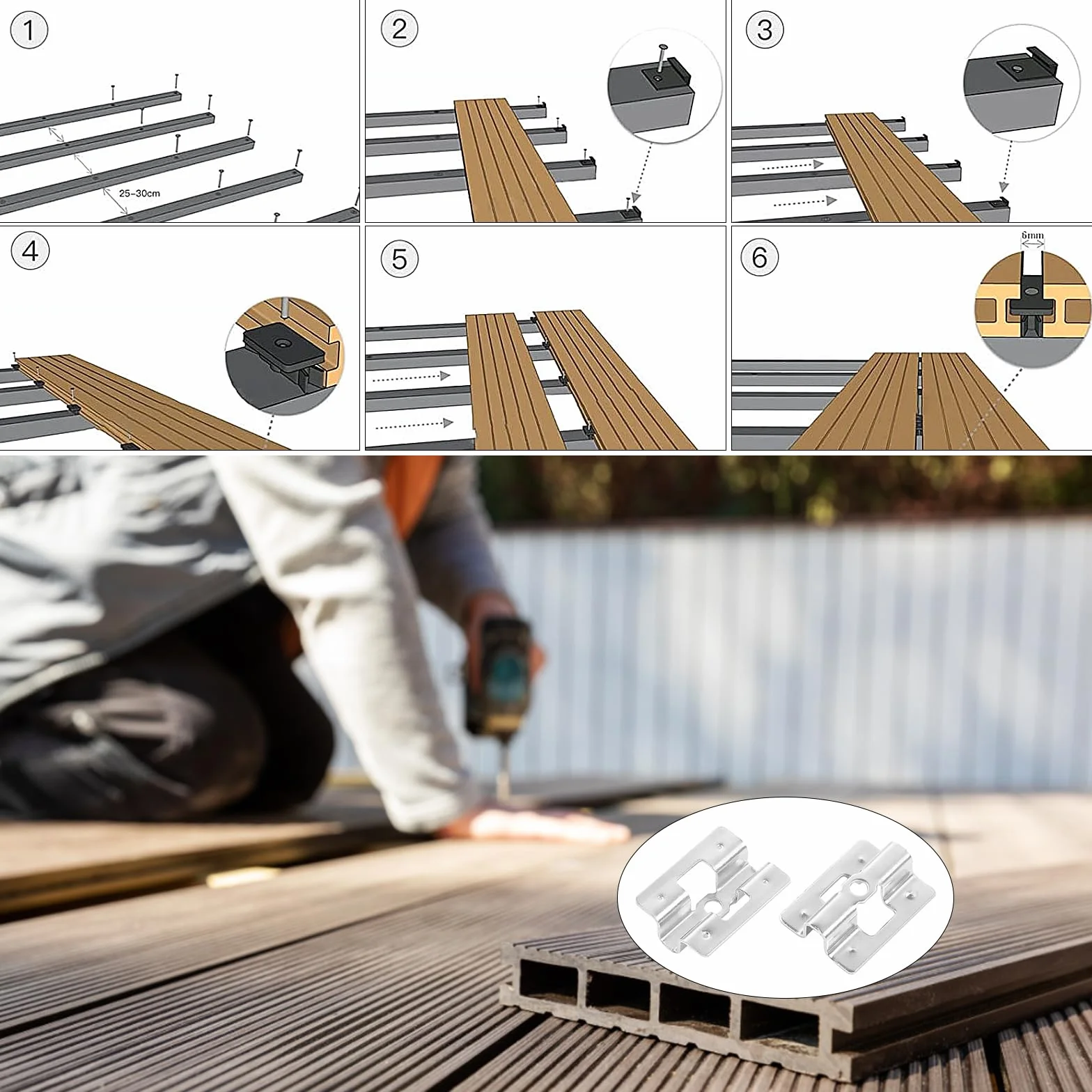 100 clips de patio de acero inoxidable con tornillos, clips WPC de acero inoxidable, 6-9 mm, estantes WPC, clips de fijación para cierre inferior de madera de bambú (8 mm)