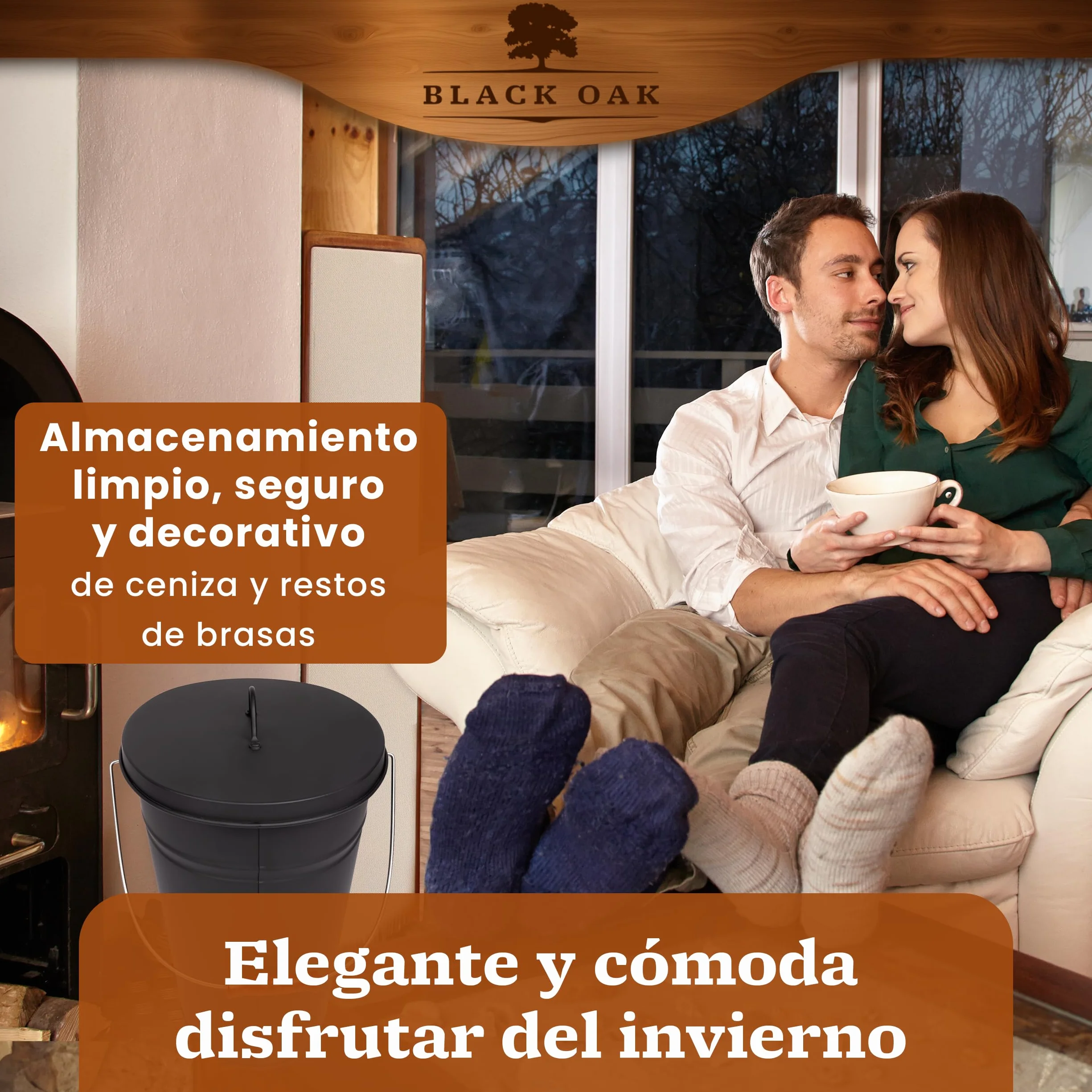 BLACK OAK Cubo de ceniza ETNA 14L – negro con tapa – grande 14 litros – Acero galvanizado y recubierto de polvo para cenizas y carbón, accesorio ideal para chimenea, estufa de azulejos, estufa de leña