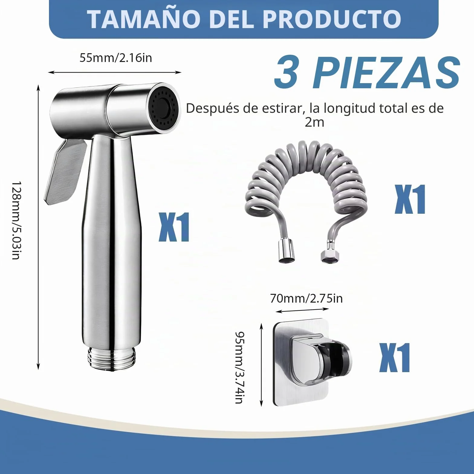 Ducha Bidet Acero Inoxidable, Grifo Portátil para WC Kit Ducha Lavabo, Soporte Adaptador Manguera 2m