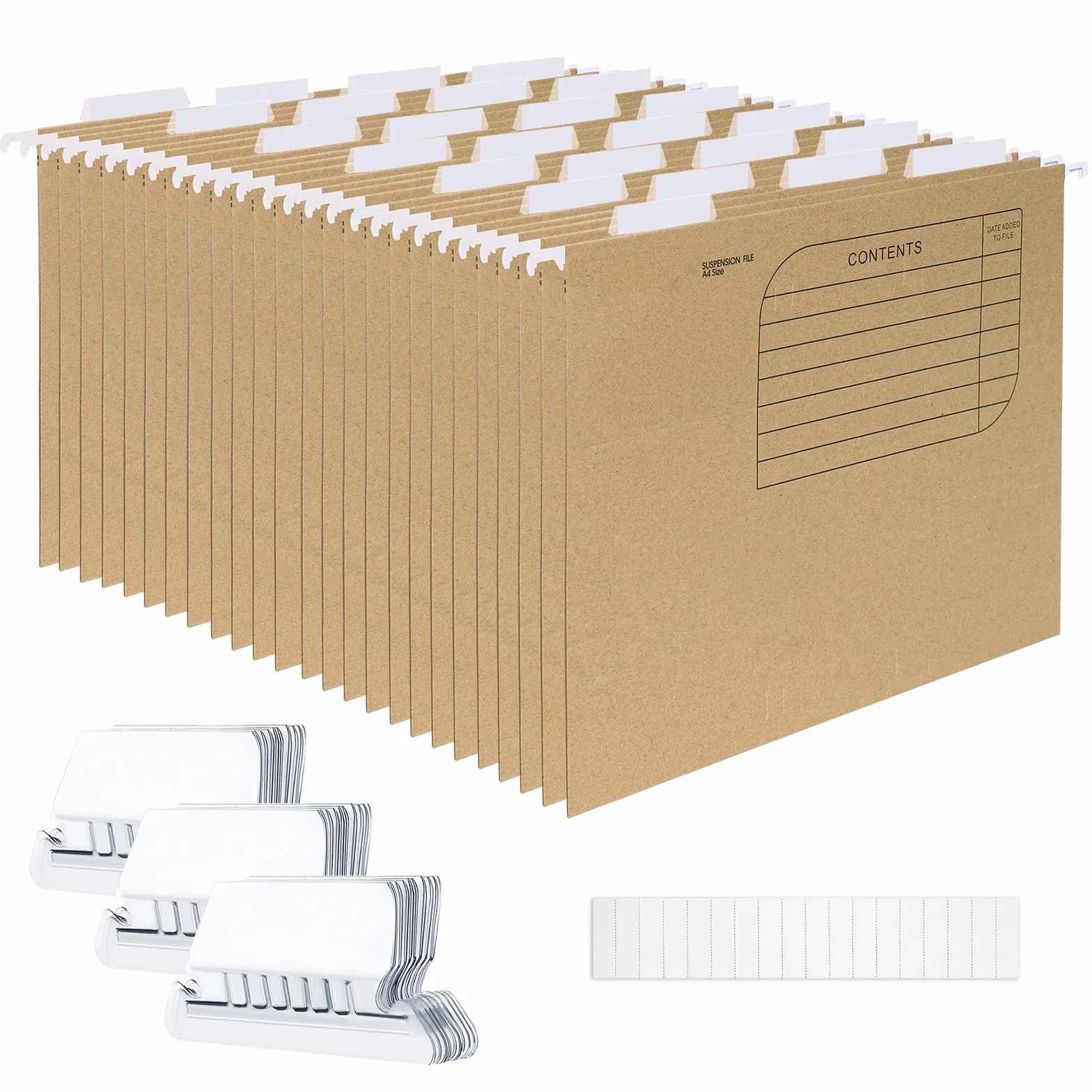 Carpeta Colgante DIN A4 de Papel Kraft 25 Piezas con Pestañas Plásticas y Tarjeta en Blanco Marrón