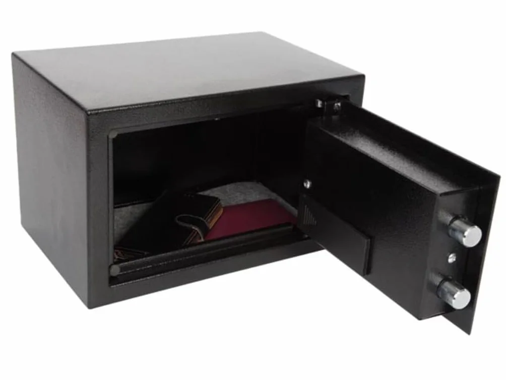 Perel Caja fuerte electrónica con código digital y llave de emergencia, caja de seguridad de acero espaciosa con interior acolchado, mini caja para joyas, documentos y dinero, 20x31x20 cm