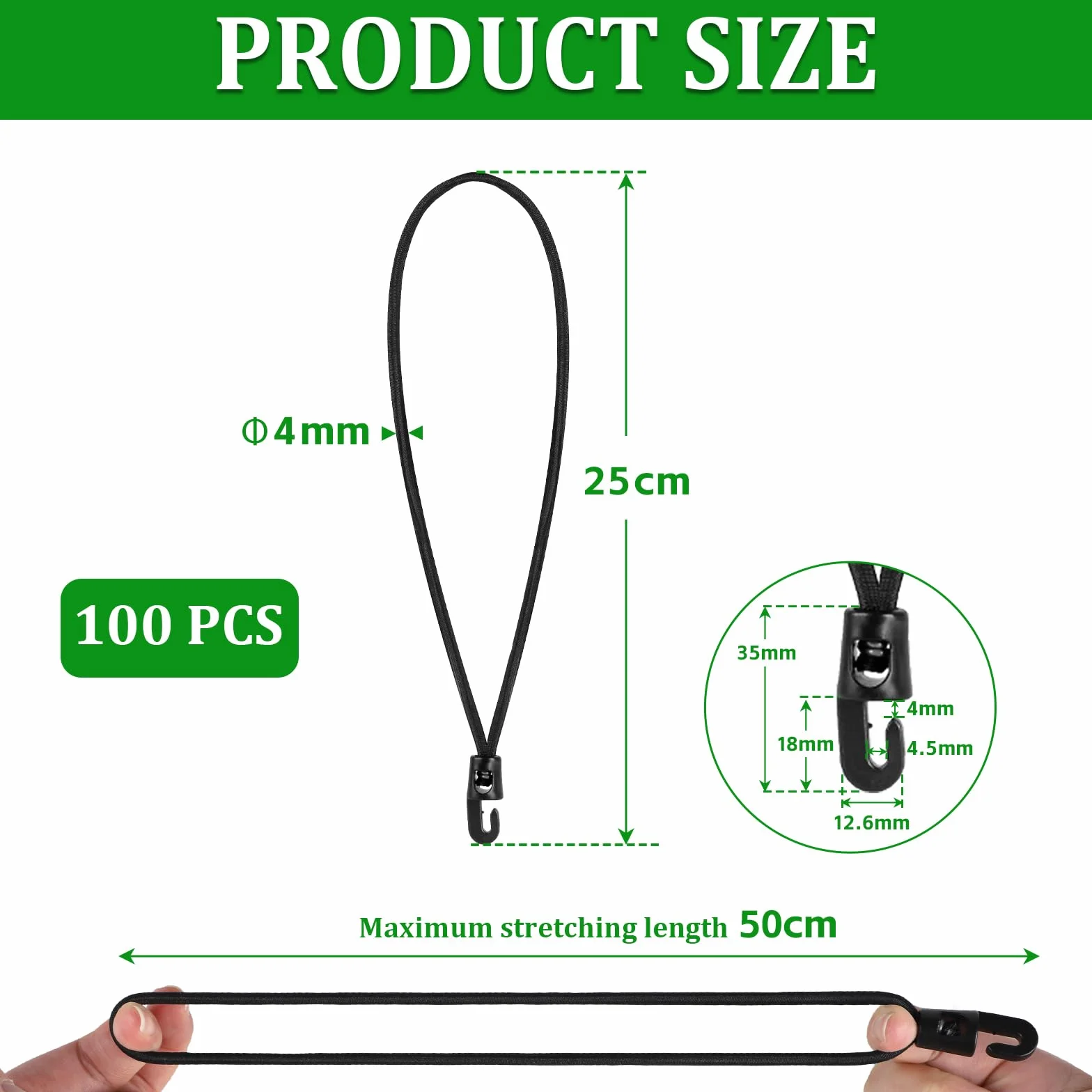 100 Piezas Goma tensora con Ganchos 25 cm Tensor elástico con Gancho Ø 4 mm Negro Cuerda elástica con Ganchos Tensor para Cortinas de jardín, pabellones, Tiendas de campaña, Banner, Carteles