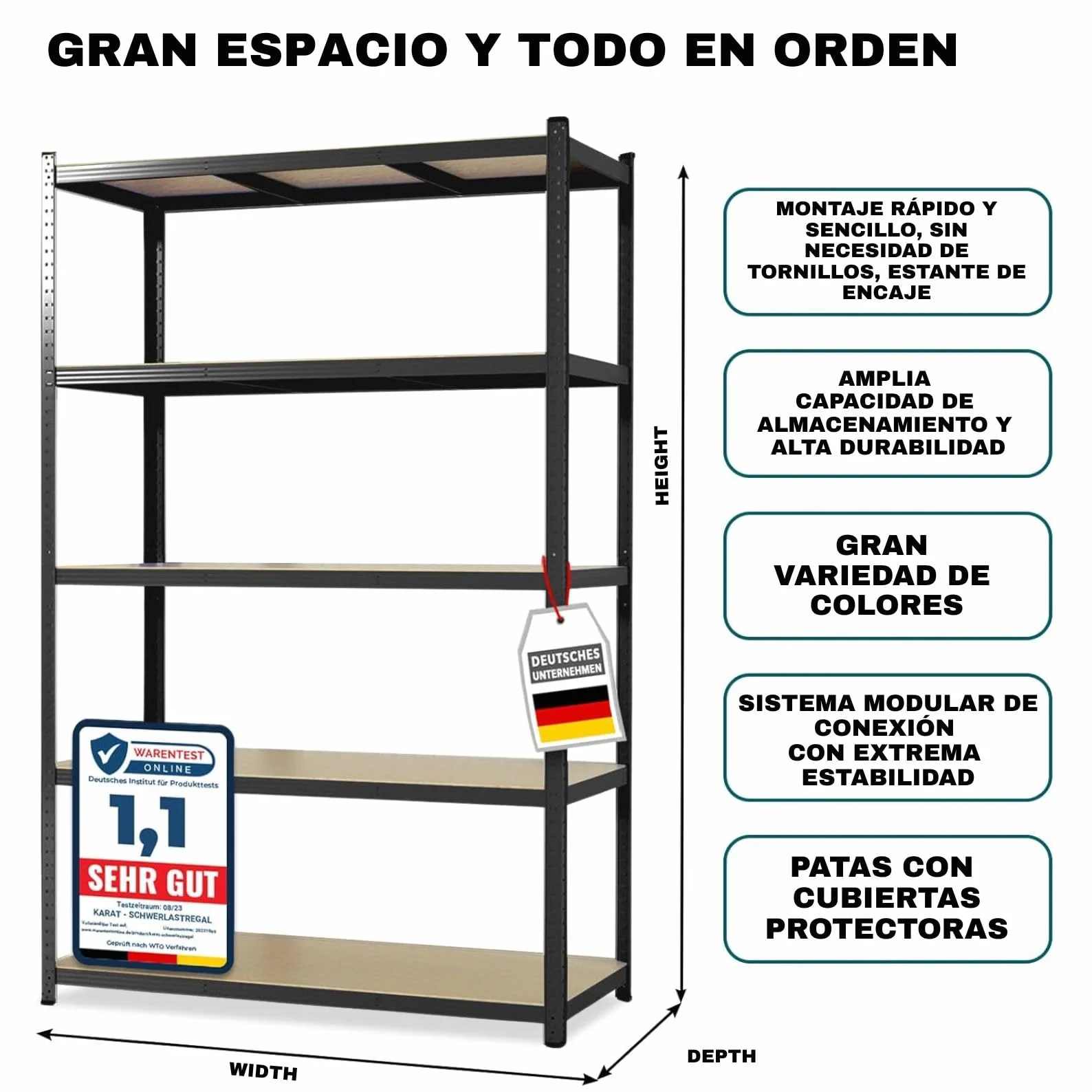 KARAT Estantería para cargas pesadas, juego de 2 unidades, 180 x 90 x 40 cm, 5 estantes ajustables, color negro