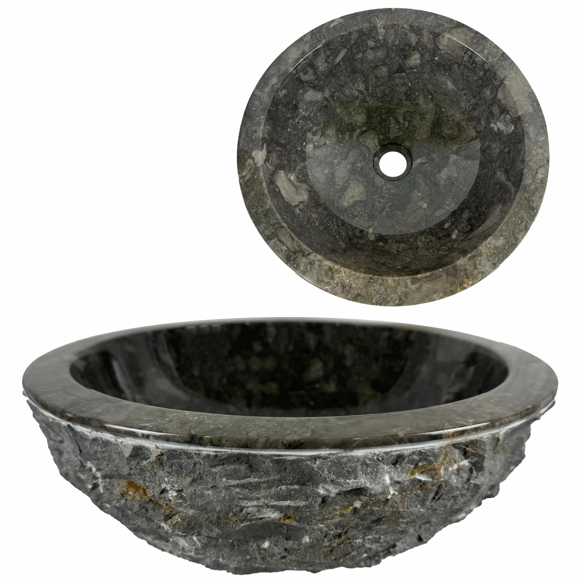 Lavabo Redondo 40x40x15 cm - Cuenca de Mármol - Piedra Natural - Fregadero para baño - Pulido y sólido (Gris)