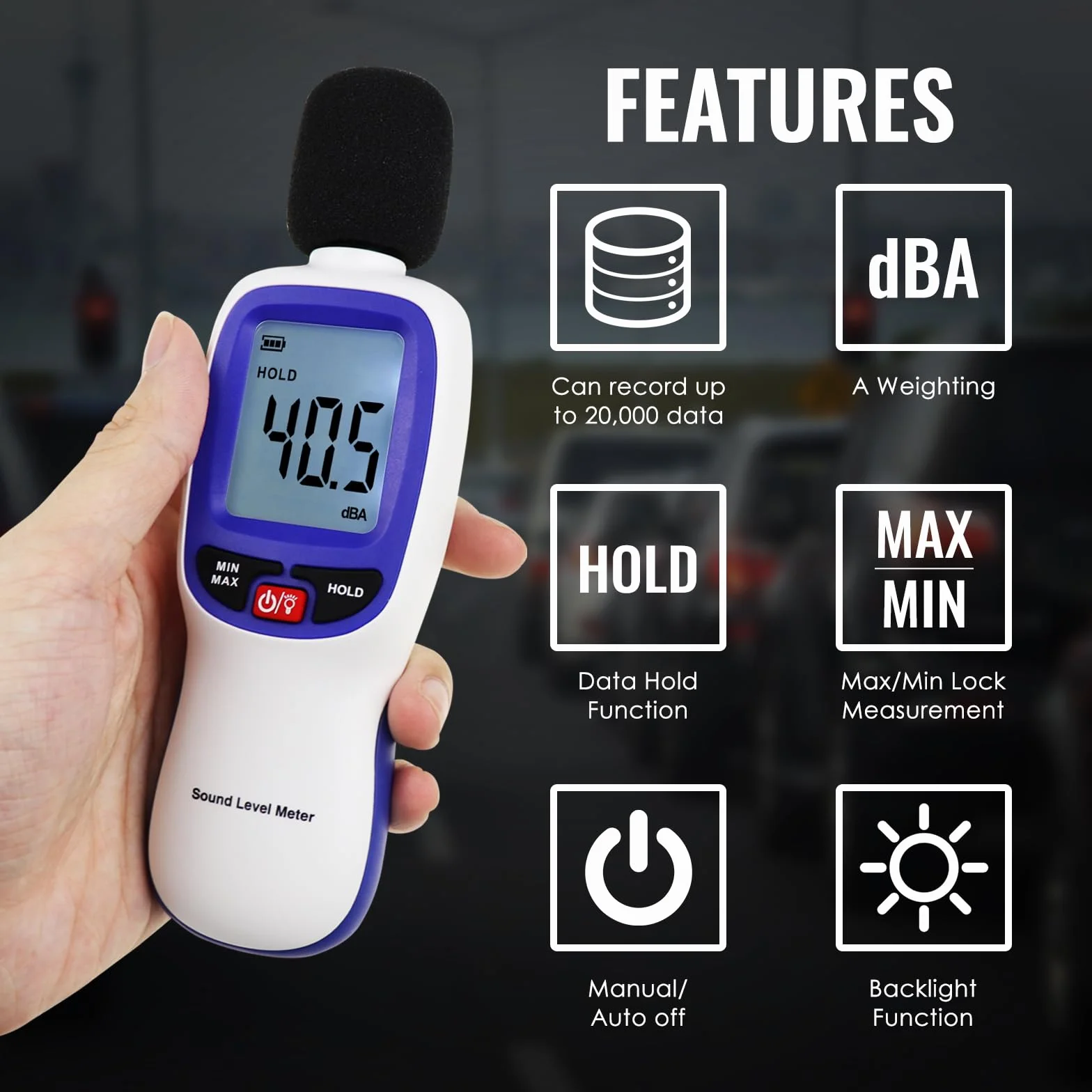 Medidor de decibelios Bluetooth digital de nivel de sonido con APP Datalogger, medidor SPL inalámbrico de 30-130dBA de alta precisión, 20.000 registros, máx./min/espera, alarma - probador de ruido
