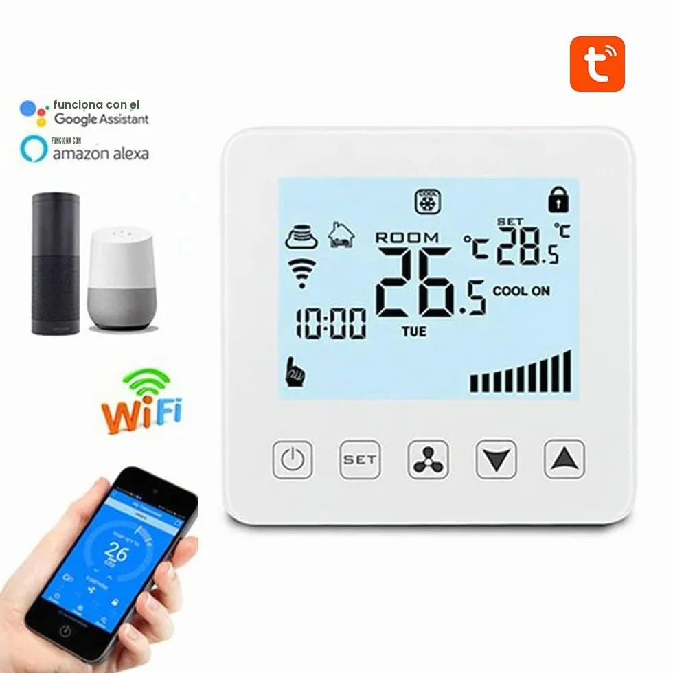 Termostato Aire Acondicionado Inteligente WiFi Unidad de Bobina de Ventilador Termostato para refrigeración Calefacción Pantalla táctil LED, Compatible con Amazon Alexa, Smart Life App