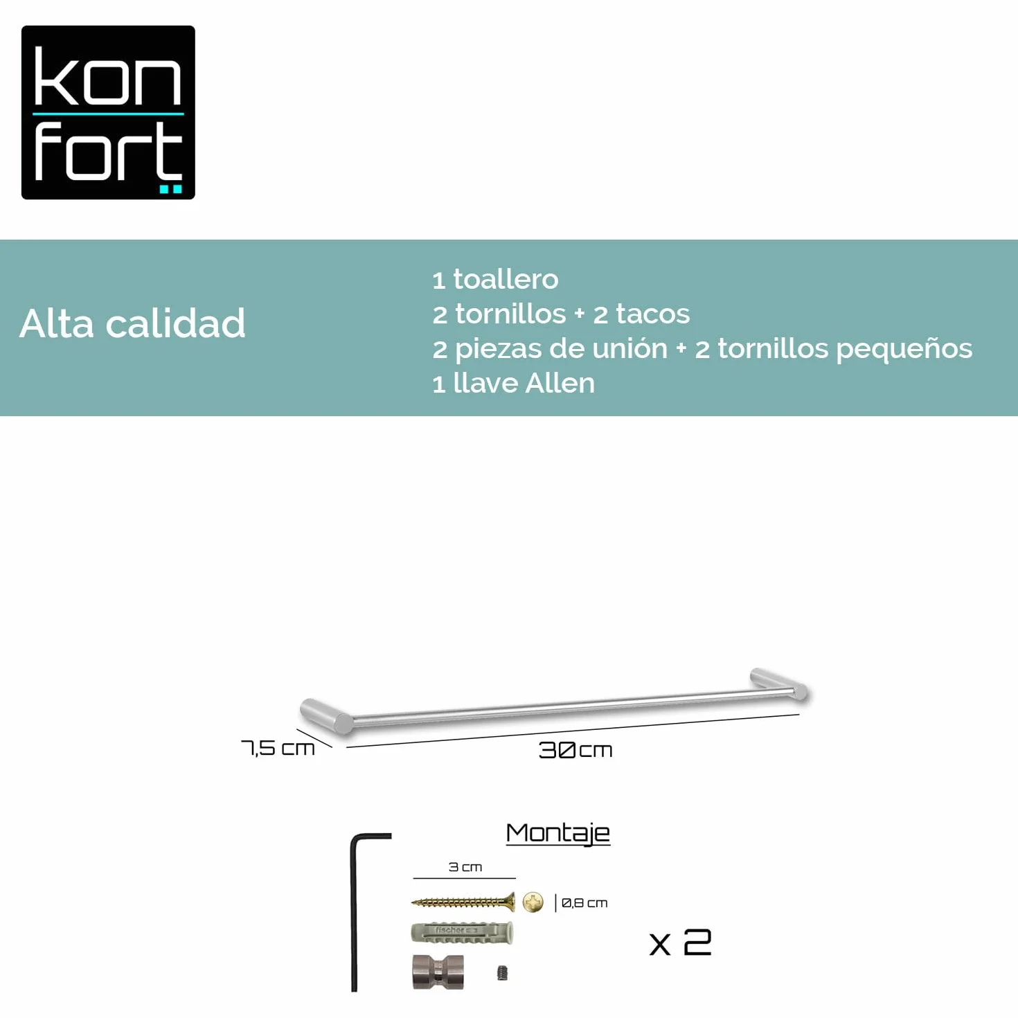 Kon-fort Home Toallero Baño 30cm. con Tornillos Acero Inoxidable AISI 304 Mate, Diseño Exclusivo.