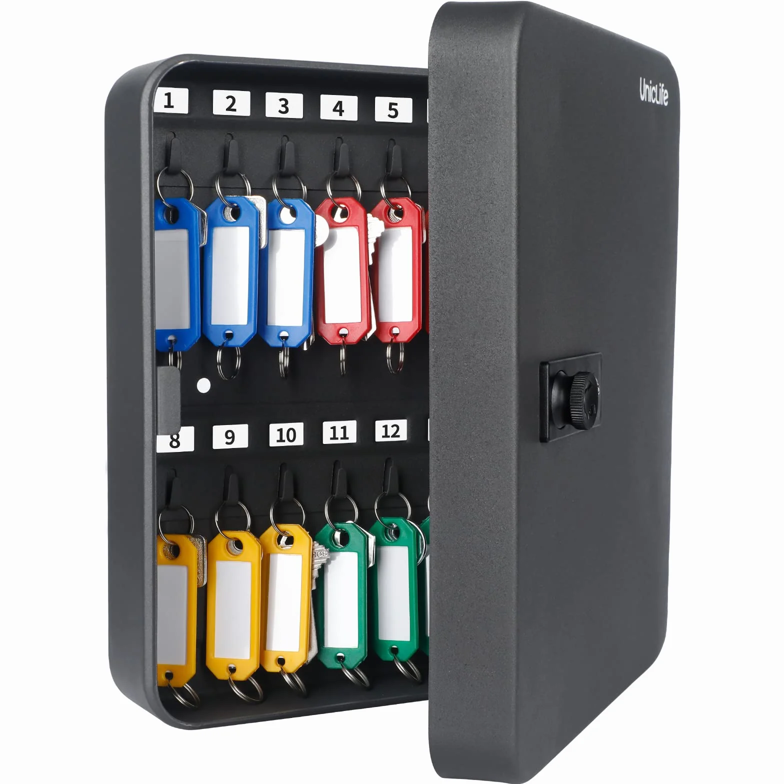 Uniclife Armario para llaves de 28 posiciones con cerradura de combinación reajustable, caja de almacenamiento de seguridad digital negra, organizador de llaves de acero con etiquetas coloridas para