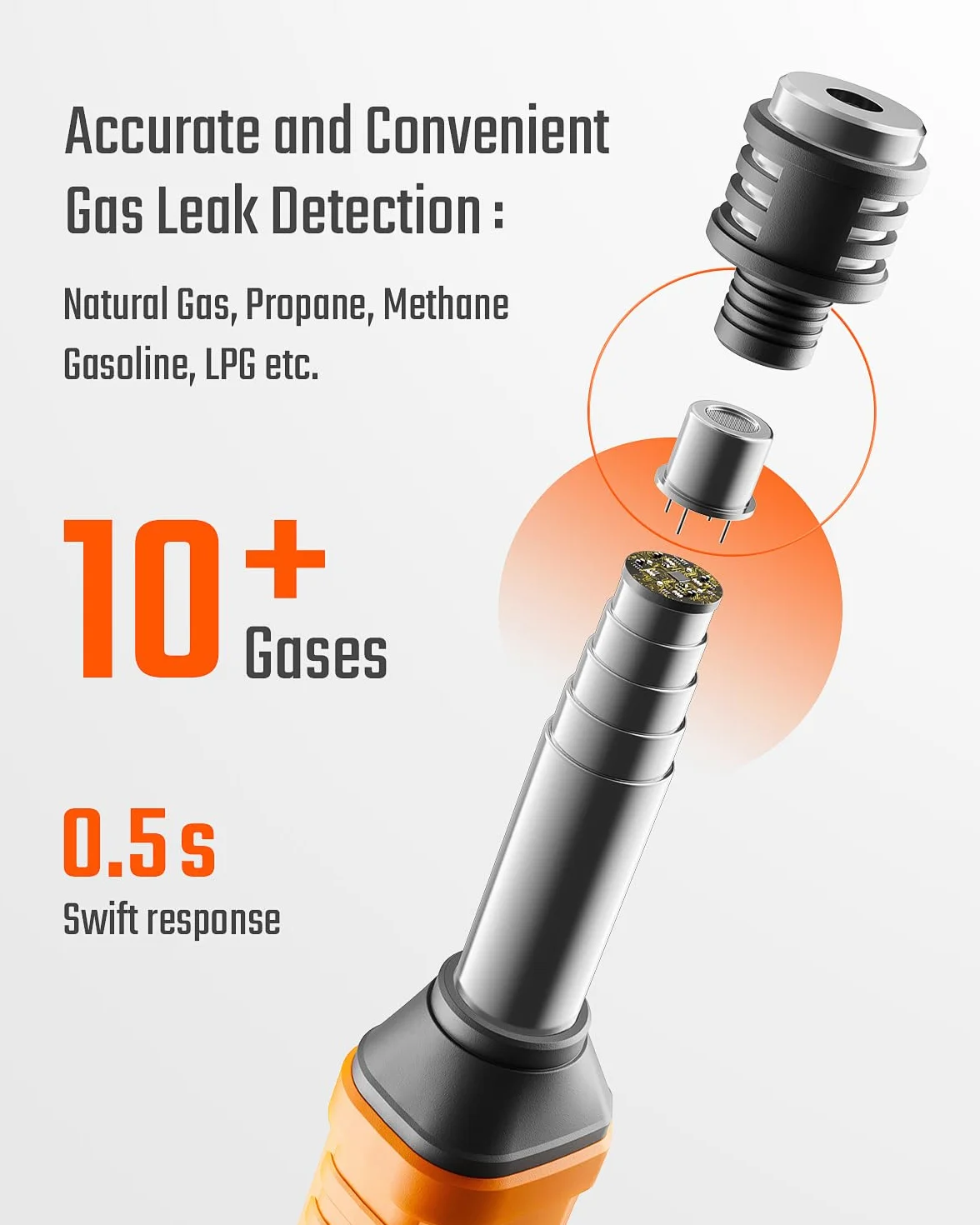 Detector de Gas Natural, TopTes PT299, Detector Portátil con Varilla Extensible para Gases Combustibles como Metano y Propano en el Hogar o Caravana (Incluye 2 Pilas) - Naranja