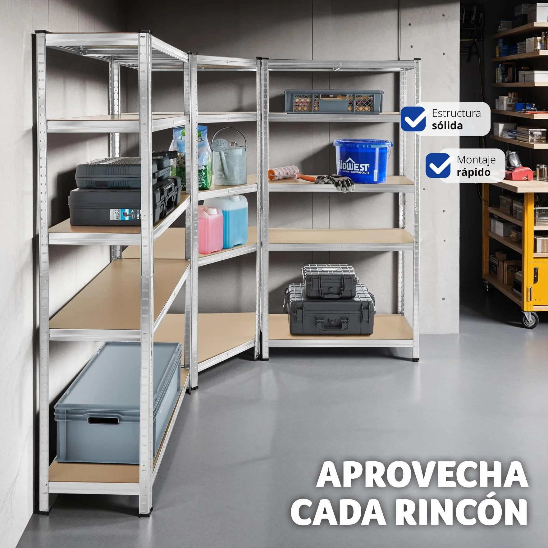 tectake® Estantería para Cargas Pesadas, 3 Partes, 15 Estantes, Estructura de Acero Galvanizado, Capacidad de Carga 2625 kg, Ajustable en Altura, Convertible en Bancos de Trabajo, Bordes Redondeados