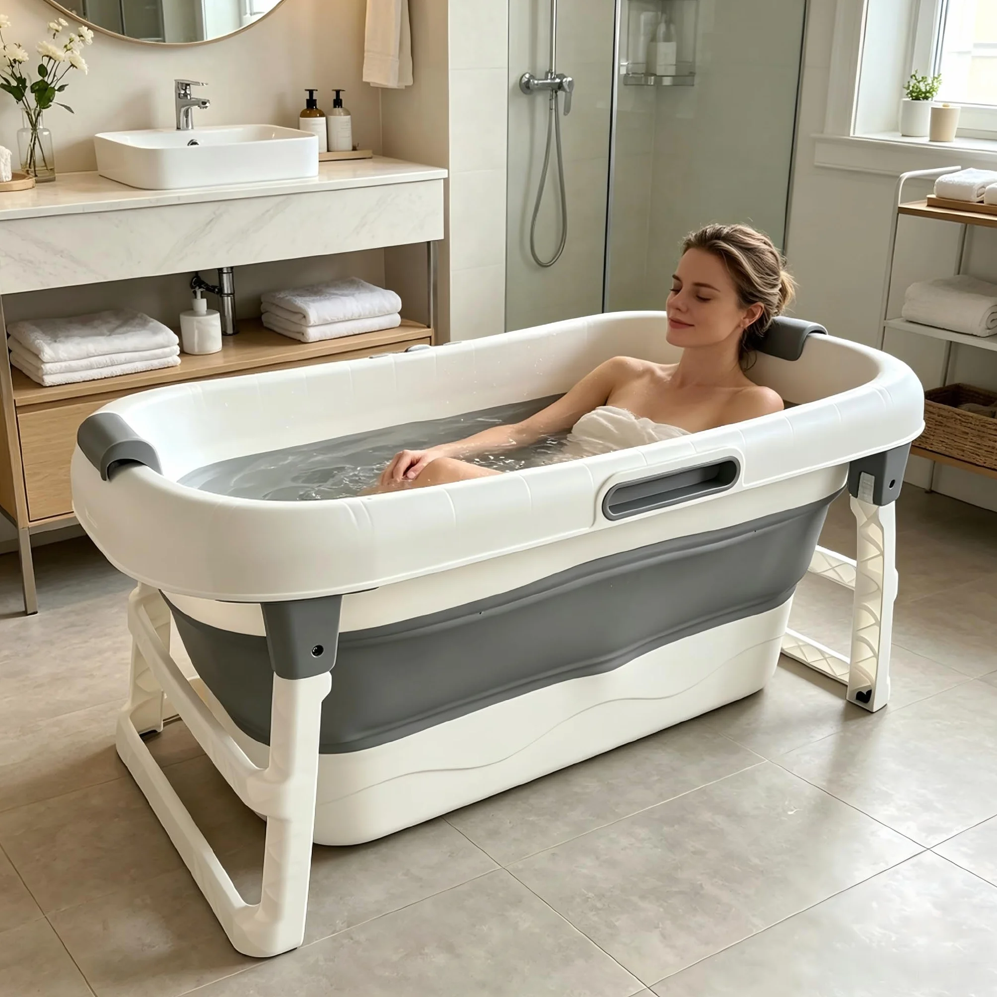 Bañera plegable portátil de tamaño adulto con almacenamiento plegable con rodillos de masaje y bandeja de almacenamiento, bañera grande y reforzada, color gris, 117 cm