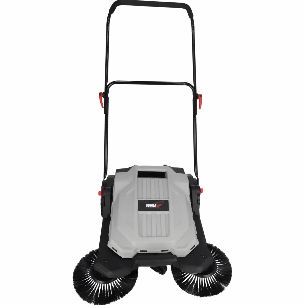 DEDRA Barredora de mano, 3 cepillos, 650 mm de ancho, depósito de 18 l, capacidad: 2600 m2/hora, manillar ajustable, ruedas resistentes, mango ergonómico