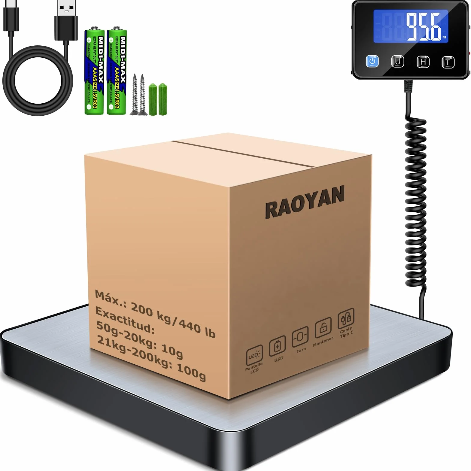 Bascula Industrial 200 kg / 10 g con Pantalla LCD para Equipaje y Almacén