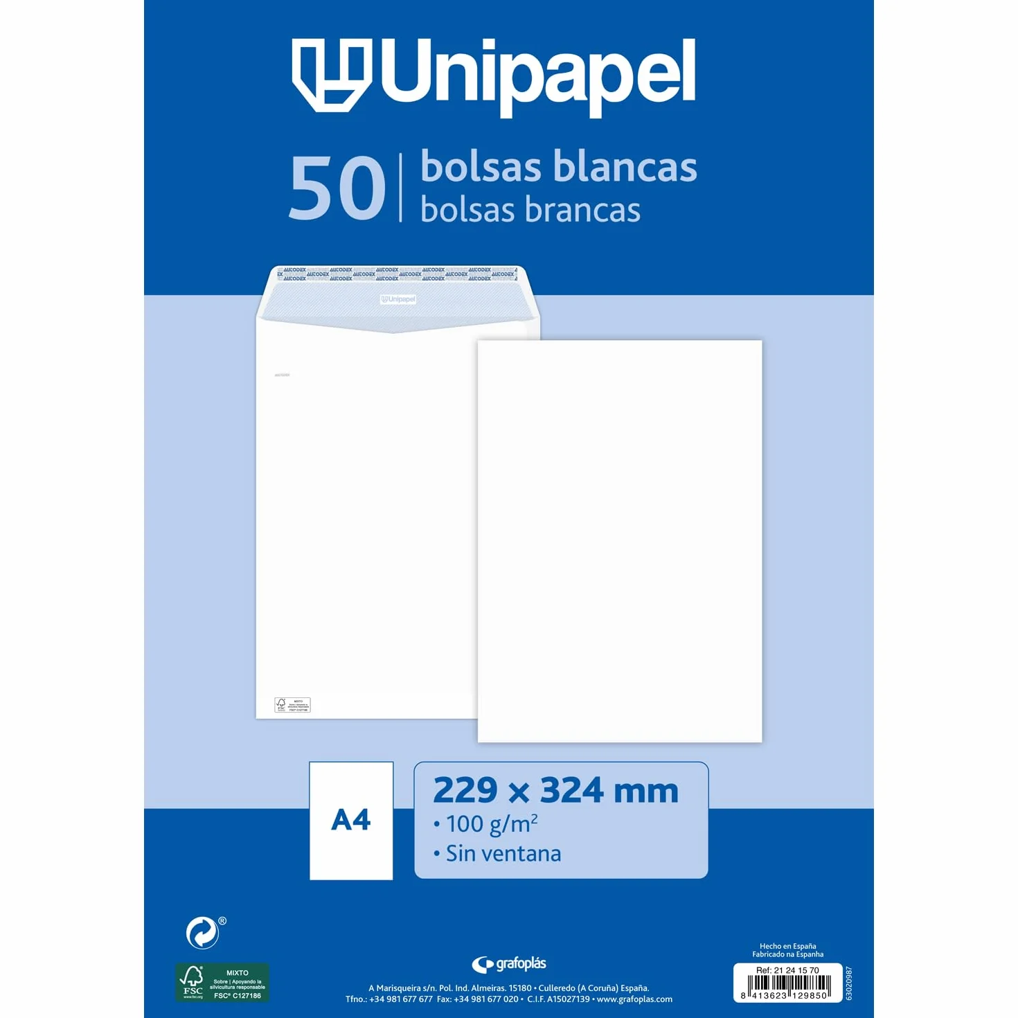 Unipapel - Sobres Papel Blancos 100g, 229x324mm, 50 Unidades, Tipo Bolsa, Tira Autoadhesiva Silicona Autodesk, Apertura Superior, FSC, Documentos A4 Sin Pliegues