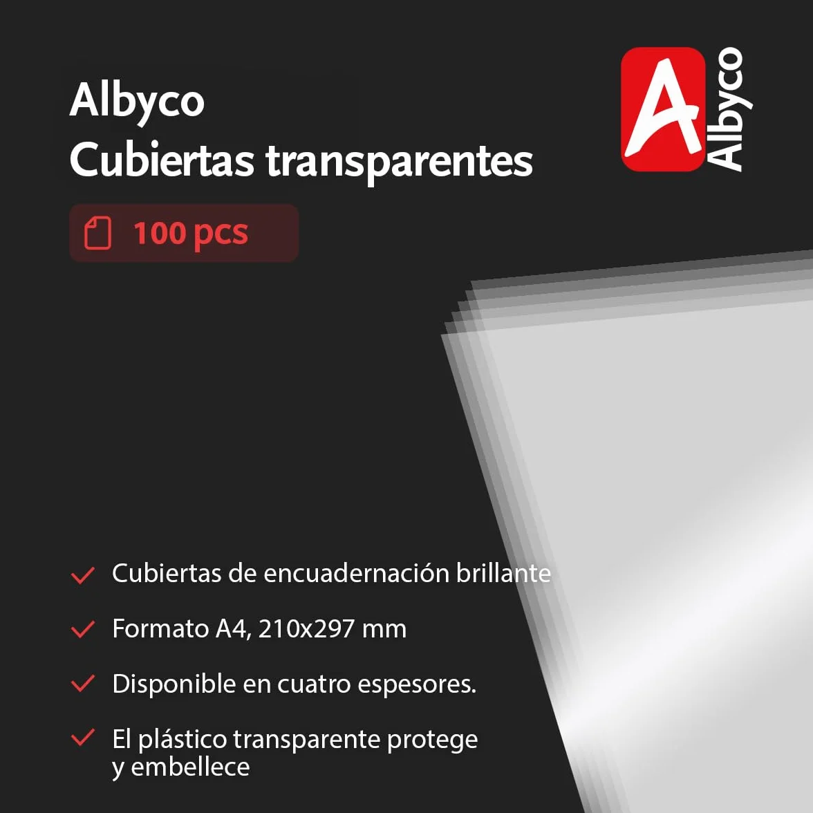 Albyco Cubiertas Transparentes Brillantes PVC A4 0,15 mm 150 Micras Portadas para Encuadernar
