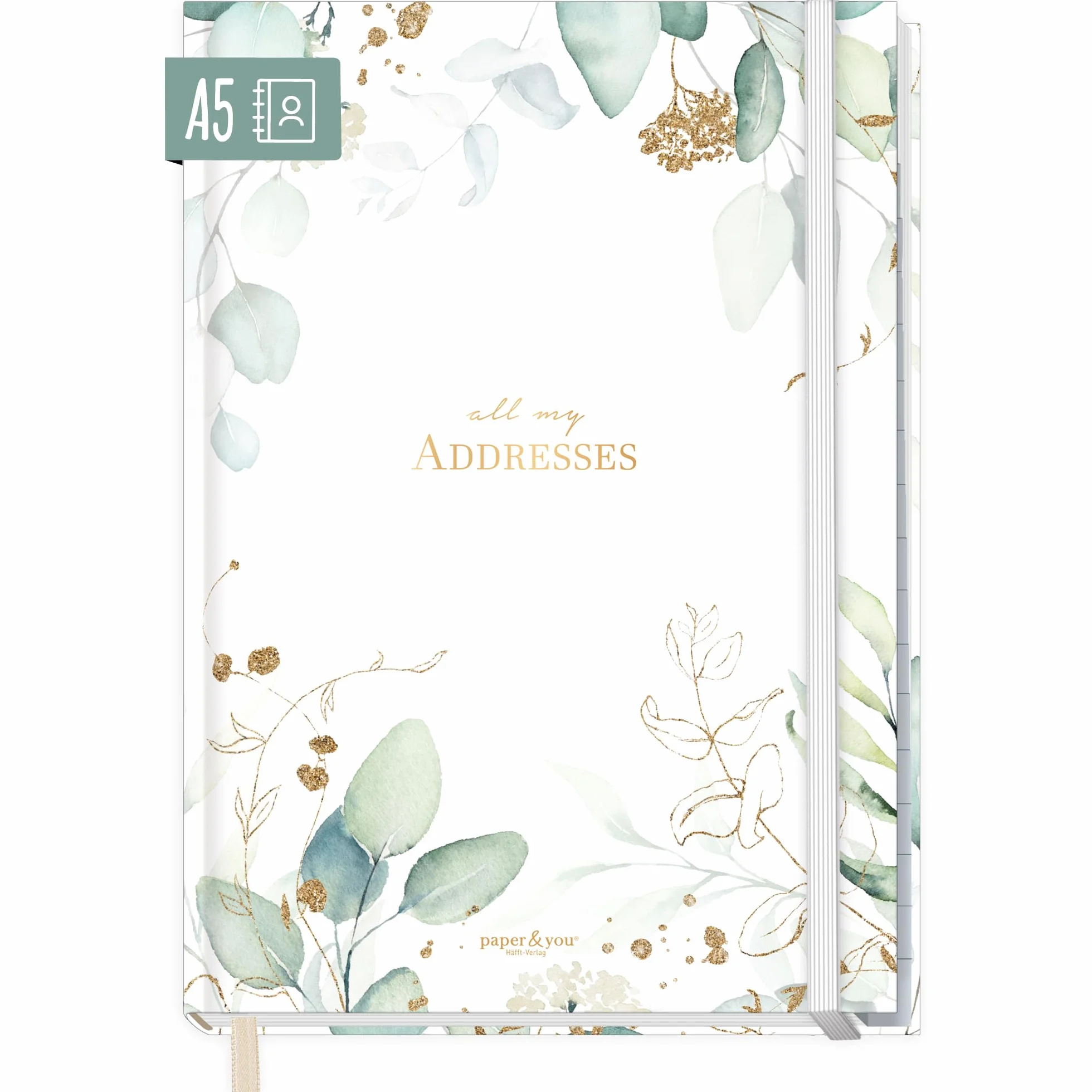paper&you® Agenda A5 con índice A-Z [Hoja de oro] para contactos, cumpleaños y contraseñas - sostenible & respetuosa con el clima