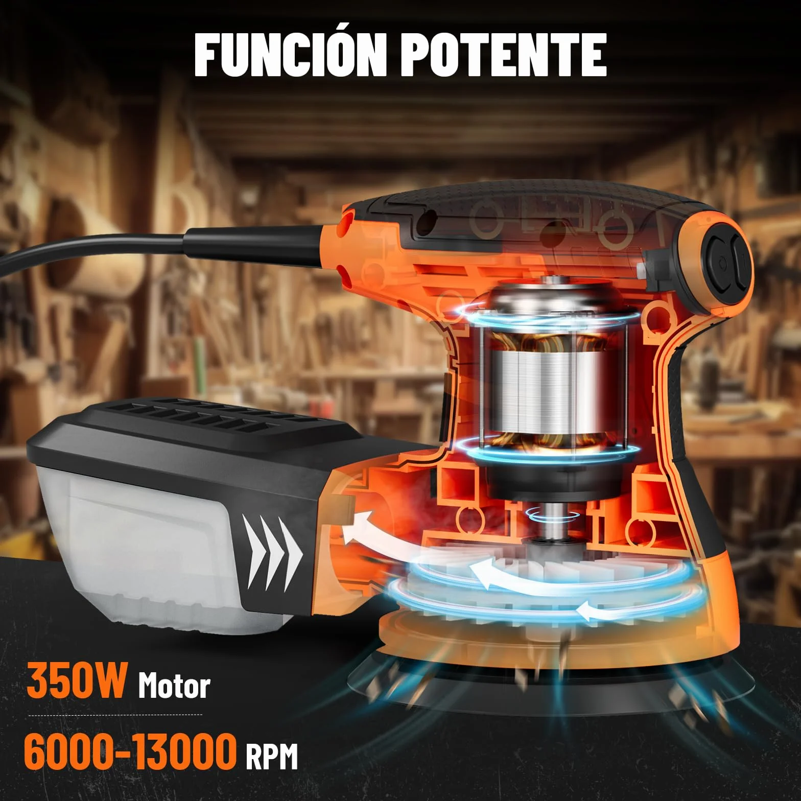 DOVAMAN ROS01A 350W Lijadora Orbital, 6 Velocidades, 13000 RPM, 12 Hojas de Papel de Lija, Disco de 125 mm, Recogida de Polvo, Lijadora Eléctrica Ideal para Superficies de Madera y Acero