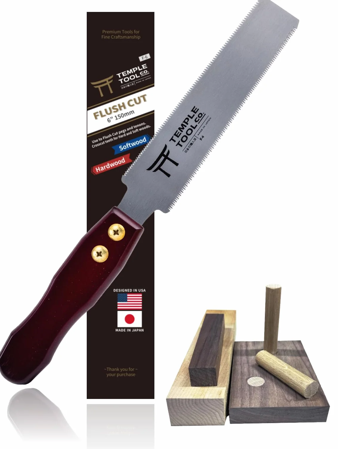 Temple Tool Co. Sierra Japonesa de Corte al Ras - Sierra de Tracción de Doble Filo de 6 Pulgadas para Corte al Ras de Espigas, Clavijas, Cuñas - Madera Dura Madera Blanda