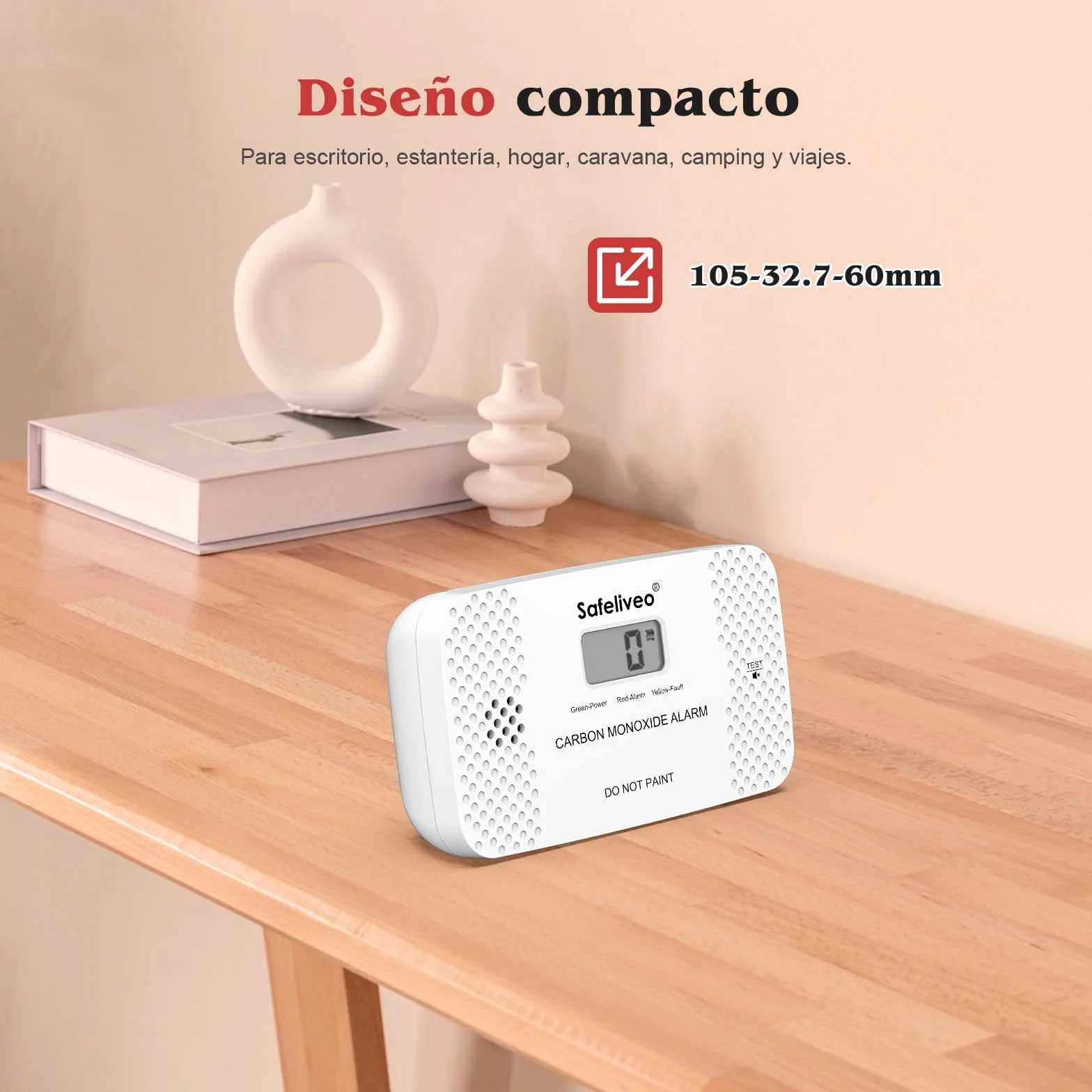 Safeliveo Detector de Monóxido de Carbono con Pantalla LCD,con Batería Reemplazable y botón de Prueba,Certificado EN 50291,Monitor Detector de CO Portátil para Hogar,Viajar y Caravanas -1 Pieza