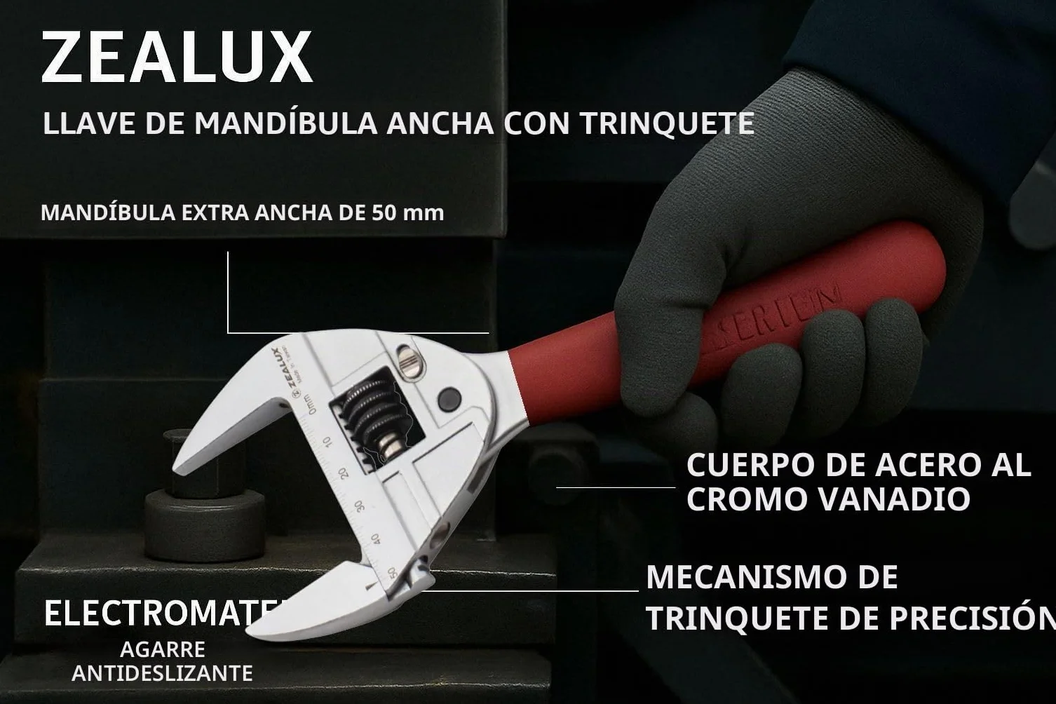 Zealux Llave ajustable de trinquete de 50 mm fabricada en acero al cromo vanadio, superficie galvanizada para resistencia a la oxidación, mango para un uso ligero