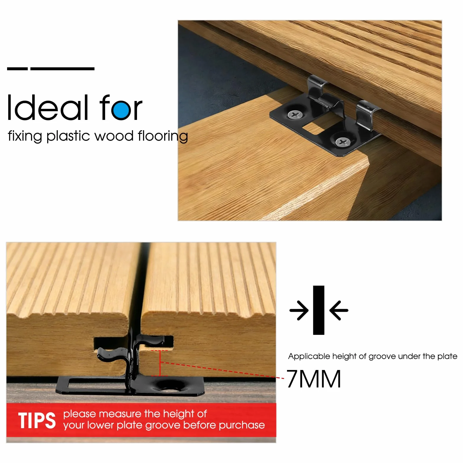 100 unidades Clips para tarimas WPC en acero inoxidable, Clips ocultos, Separadores para fijación de tarimas (Negro, Espacio 3mm, Altura 7mm)