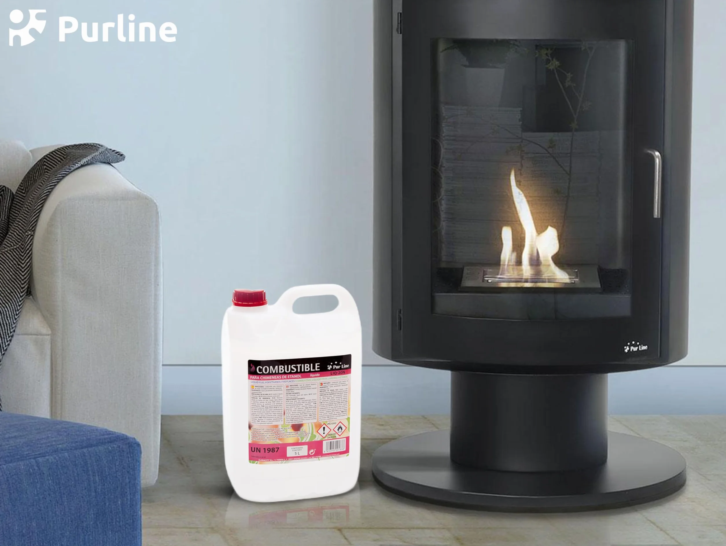 PUR LINE | Bioetanol 5L 96% Combustible para Chimeneas y Estufas, Sin Humo y Alta Combustión - Bioetanol Líquido para Biochimeneas, Quemadores y Uso Interior/Exterior
