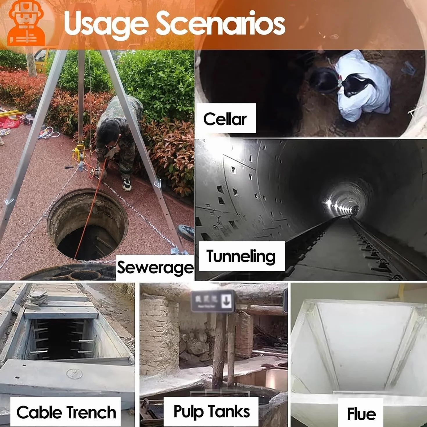 Trípode de rescate contra incendios con cabrestante de 1200 1800 2600 libras, Sistema de rescate con trípode de aluminio para entrada de túnel de pozo de alcantarillado(1200LBS Winch+Fall Prote