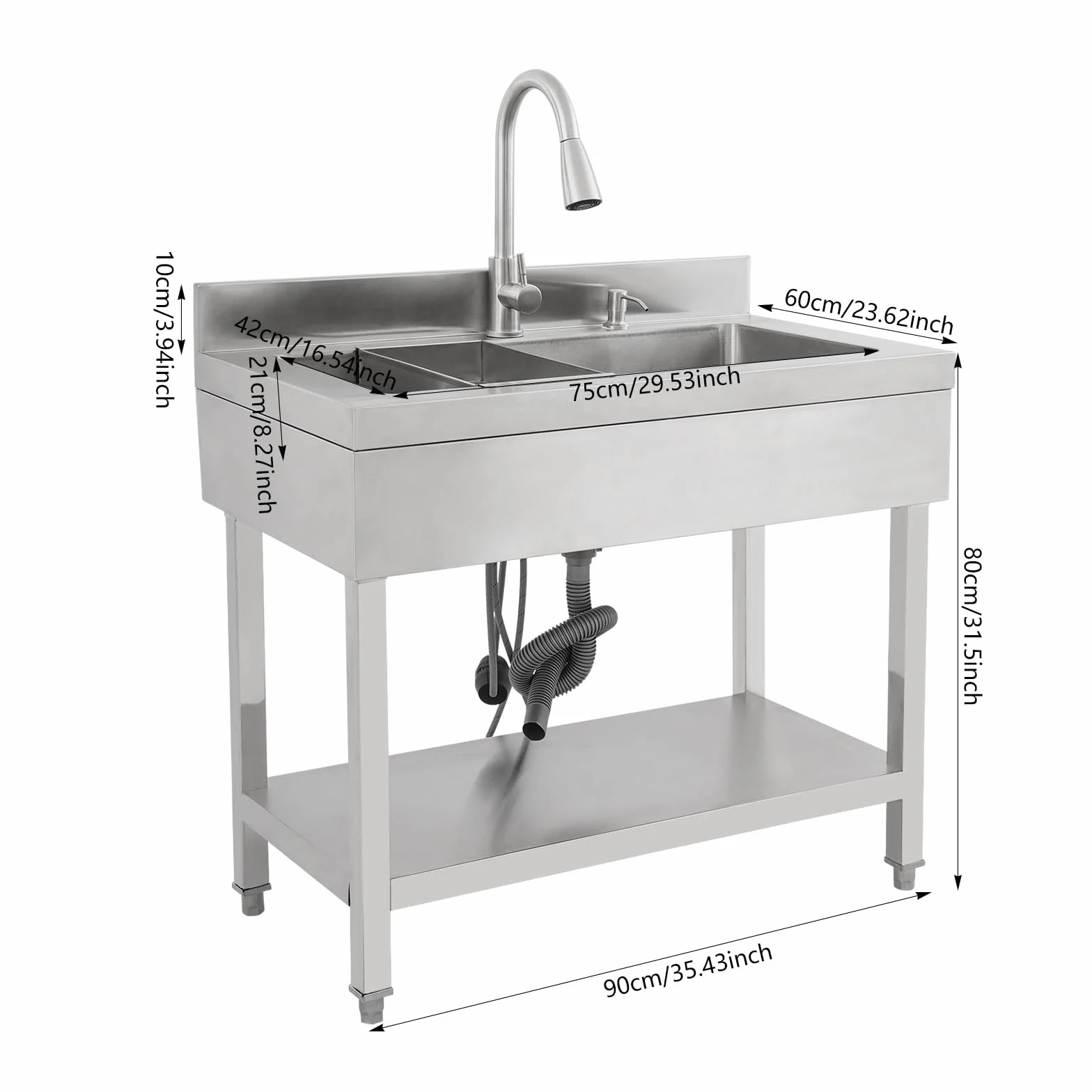 Fregadero de cocina de acero inoxidable independiente, 1 lavabo, fregadero de cocina comercial con grifo con mangueras de agua fría y caliente, fregadero para exteriores, para garaje, lavandería