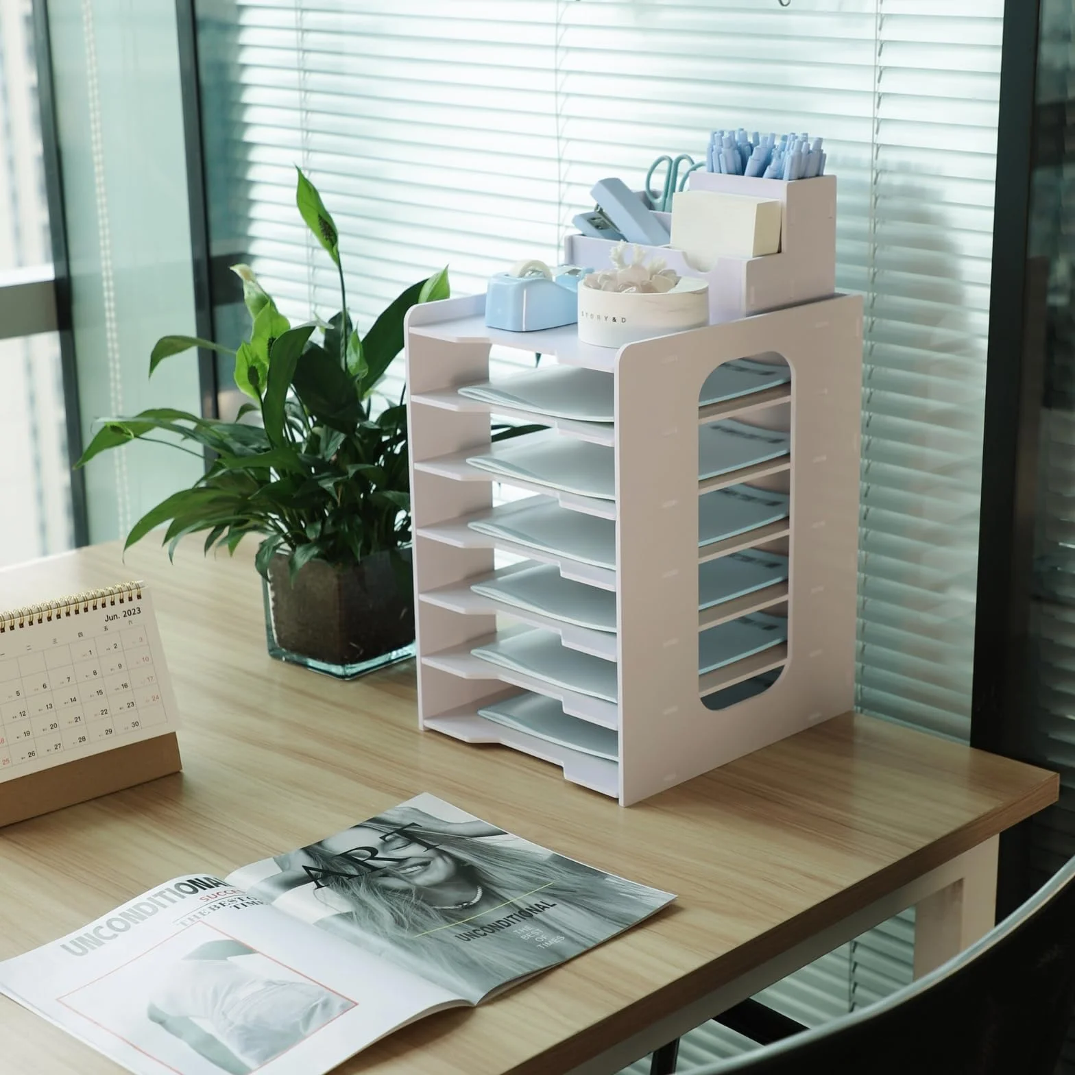 Organizador Escritorio 7 Niveles A4 Bandejas Apilables Malla Metalica con Portalapices