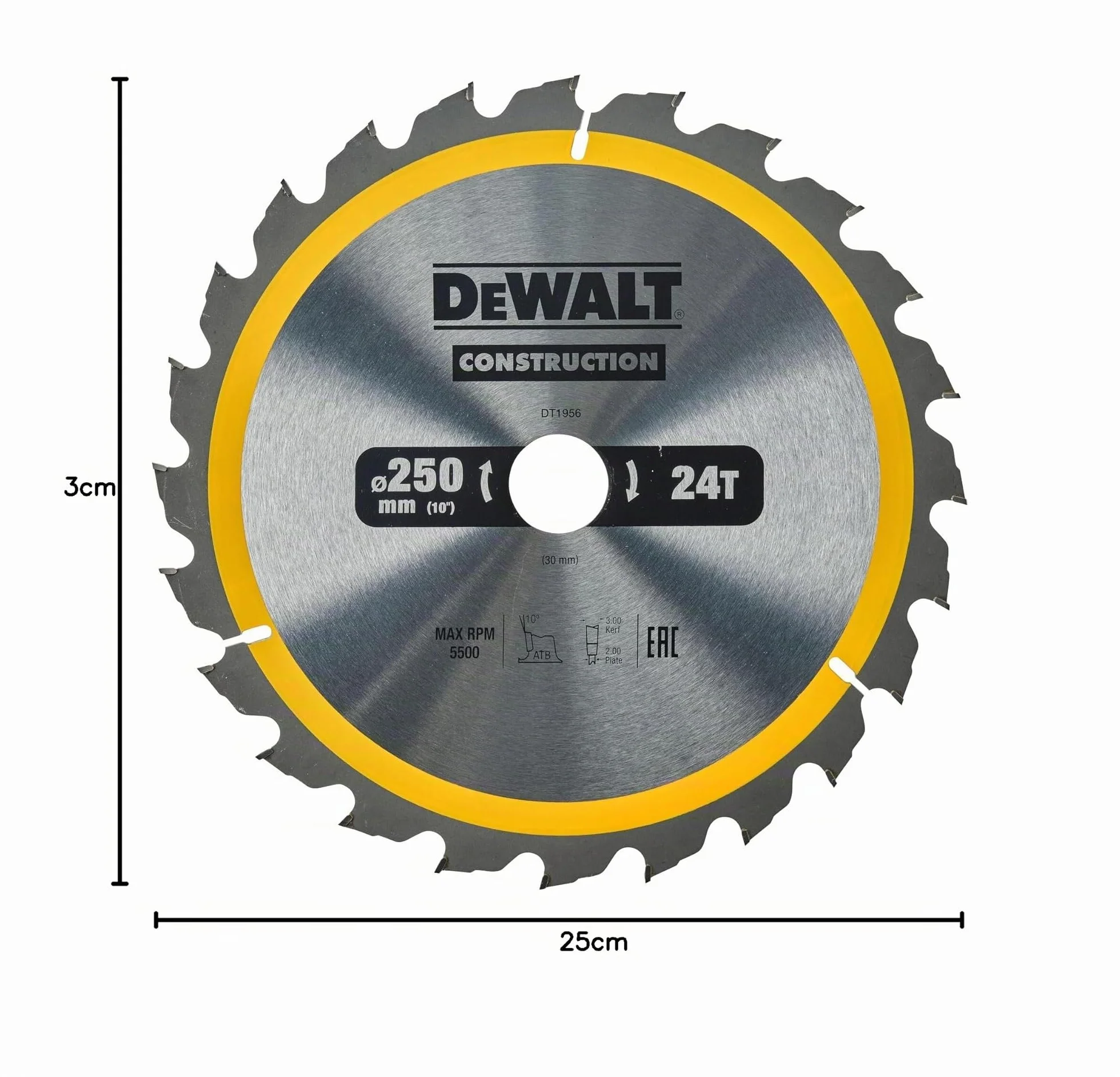 DEWALT DT1956-QZ - Hoja de Sierra Circular Estacionaria, Disco Cortante de 24 Dientes 250x30mm, Herramienta Resistente a Clavos, Duradera, Especial para Construcción y Uso Profesional
