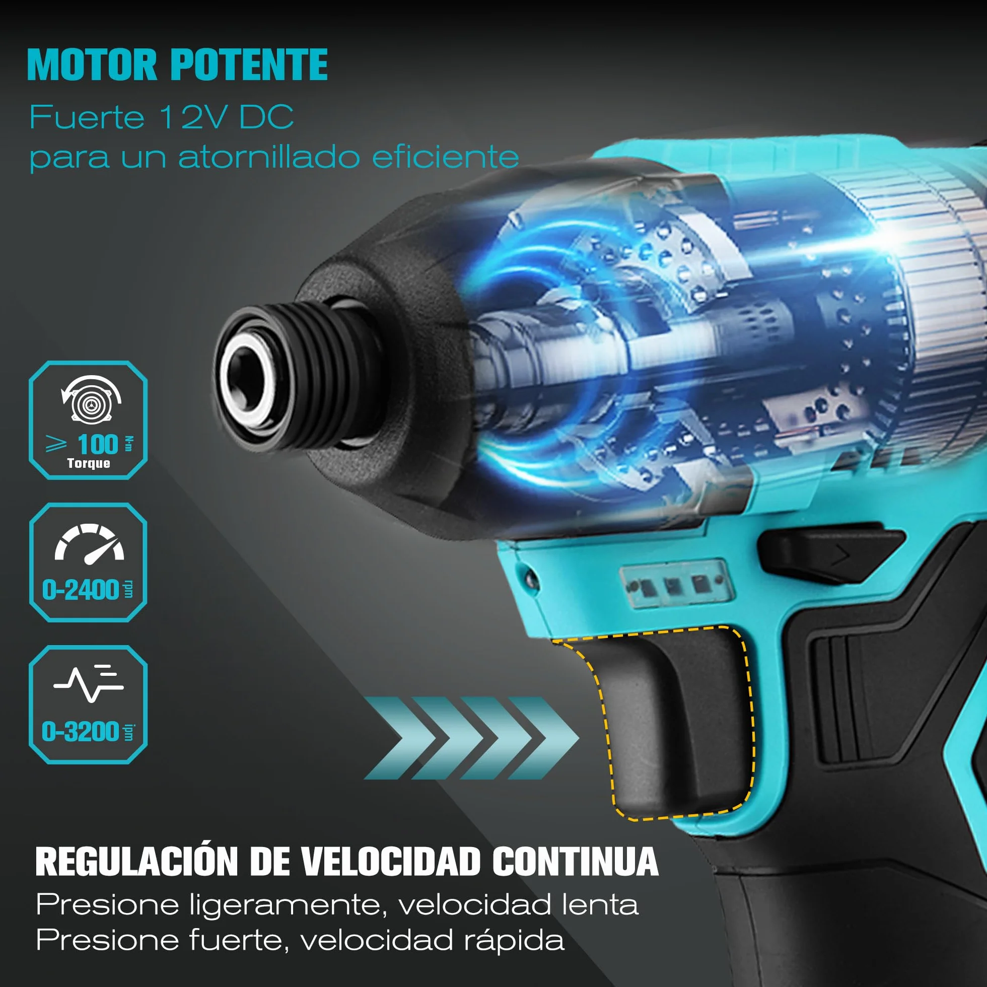 DURATECH Atornillador Impacto Inalámbrico 12V, 100Nm con Accesorios | Velocidad de 2400RPM con LED, Batería 2,0Ah, 11 Puntas y 3 Vasos para Bricolaje y Reparaciones