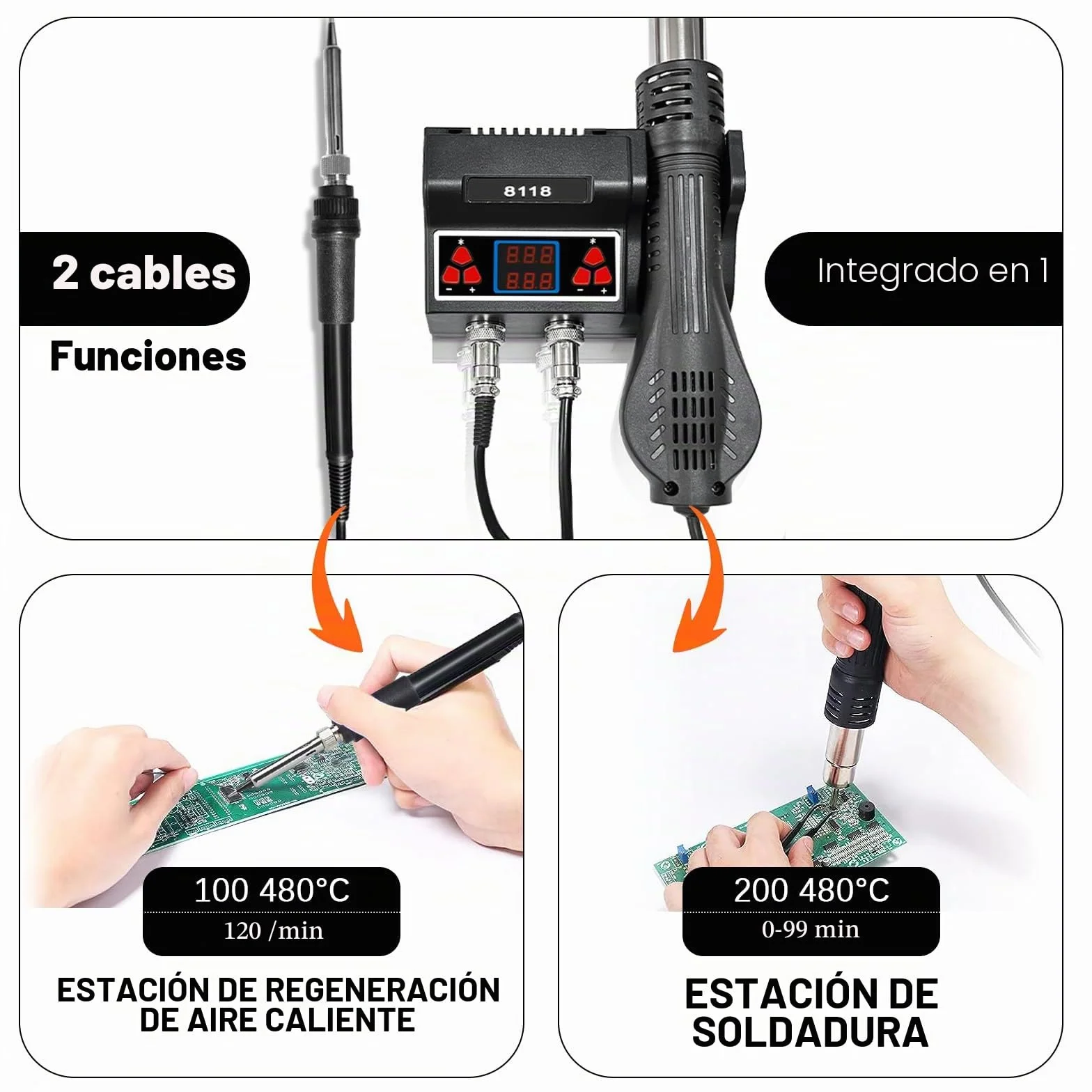Estación de soldadura de aire caliente 2 en 1, kit de estación | soldadura digital LED de 700W con 5 puntas de soldadura adicionales y 3 boquillas de aire caliente, estación de retrabajo