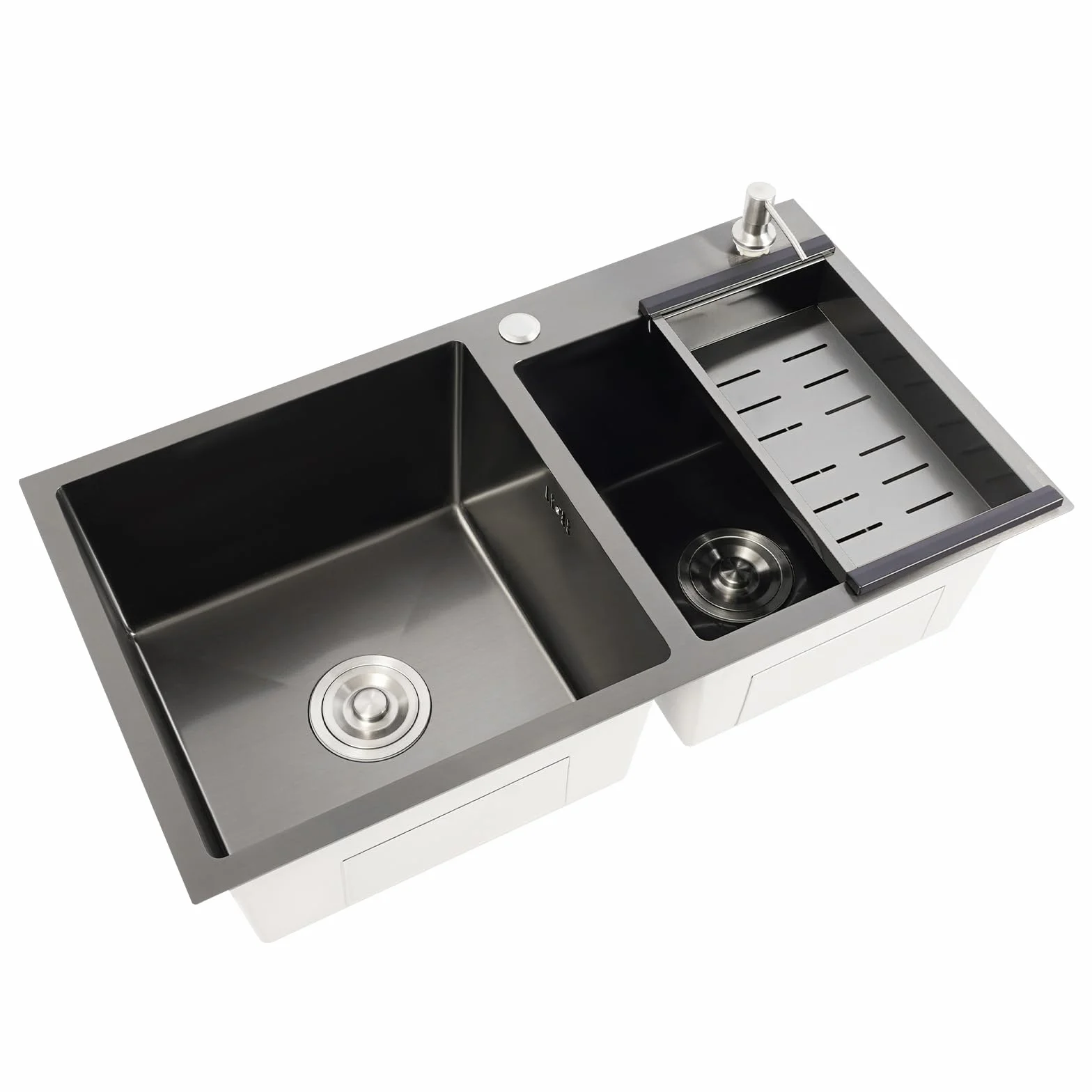 Fregadero doble negro, 78 x 43 x 22 cm, acero inoxidable 304, con escurridor y dispensador de jabón, 2 cuencos, juego de cocina
