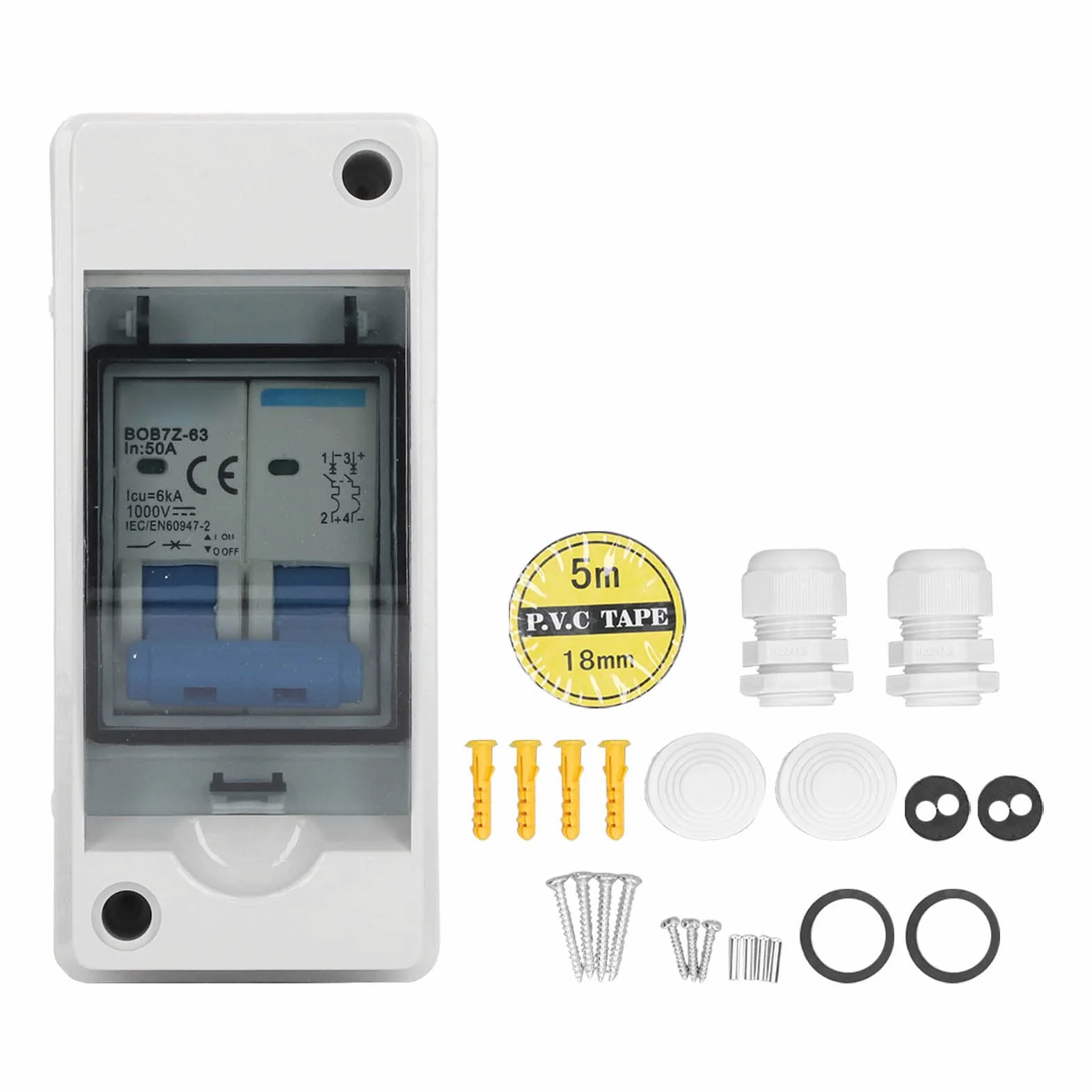 Asixxsix Interruptor de circuito en miniatura CC, 2 polos, 1000 V, 50 amperios, interruptor de desconexión solar con caja impermeable IP65, aislador de circuito fotovoltaico para paneles solares,