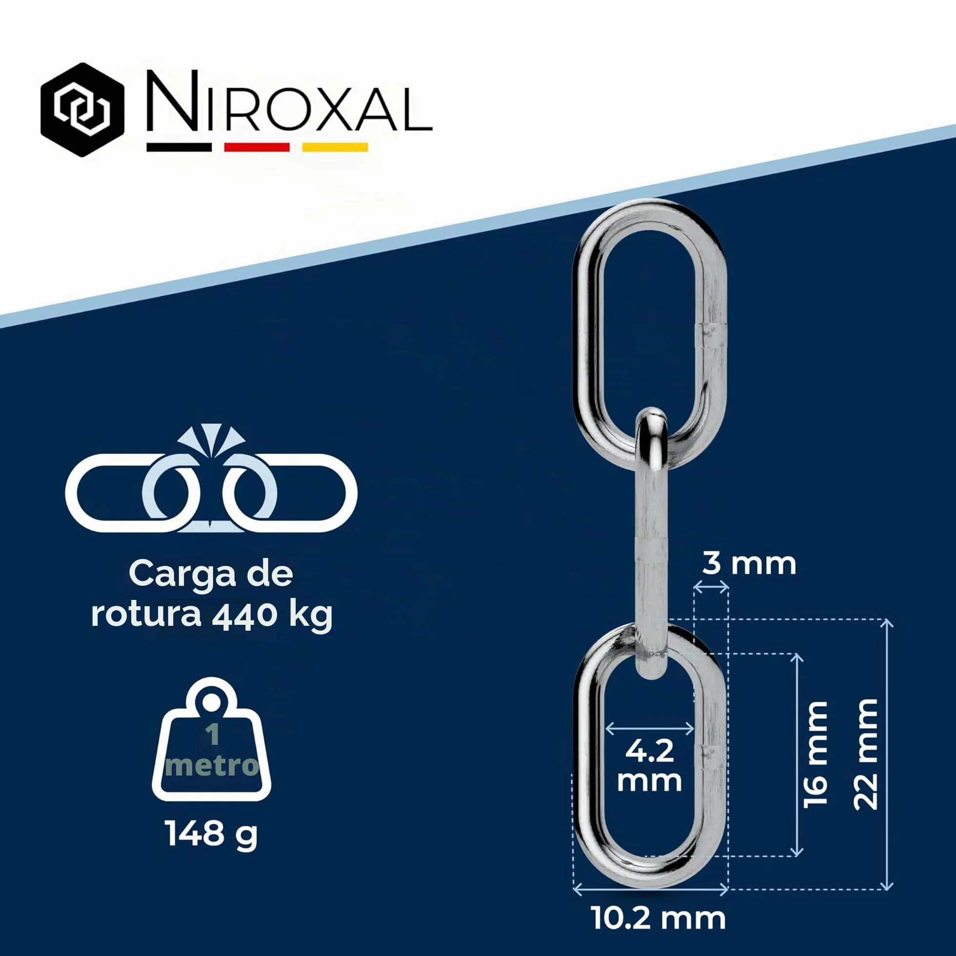 Cadena de acero inoxidable A4 de eslabón corto DIN 766 / DIN 5685 – 3mm x 1m – 1 unidad – para suspensiones pesadas