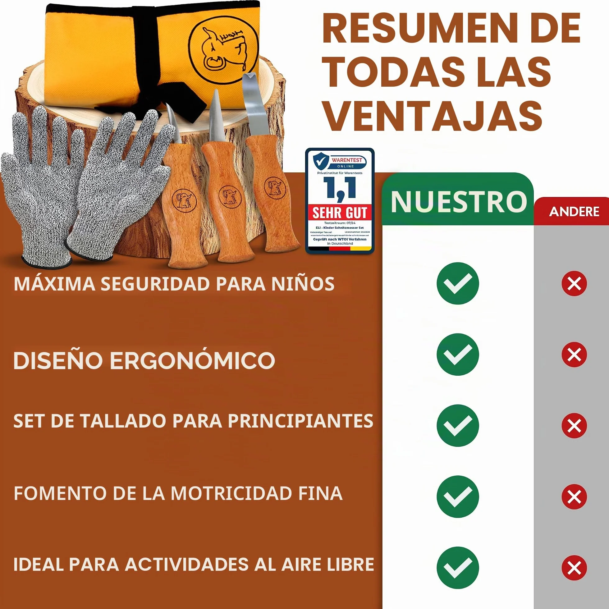 Eli® Set de Cuchillos para Niños a partir de 6 Años - Set de Tallado Infantil con Guantes Resistentes a Cortes - Cuchillo Infantil para Tallar - Herramientas de Tallado - Cuchillo