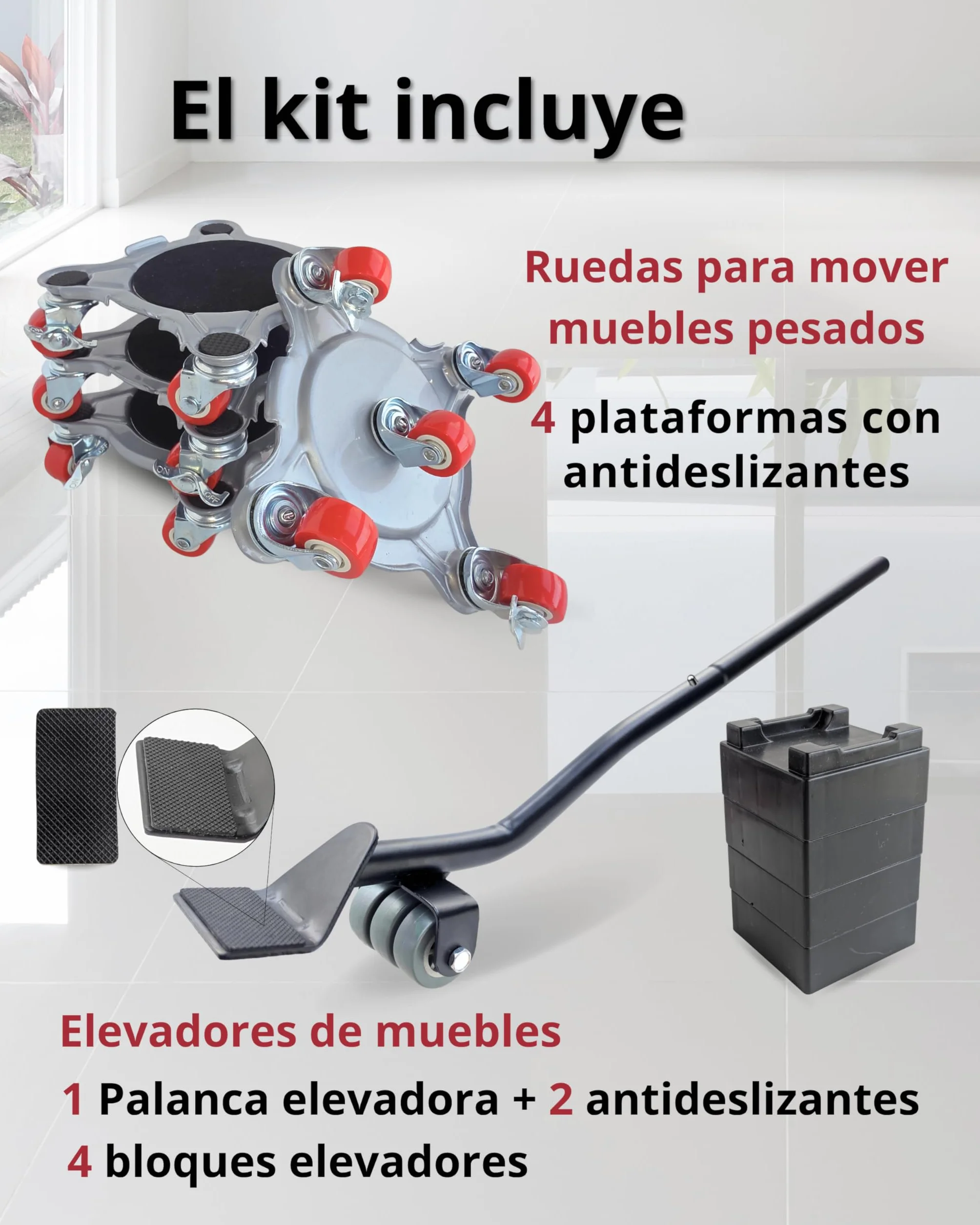Kit para Mover Muebles Pesados | 4 Plataformas Acero Reforzado con 5 Ruedas 360° y 2 Frenos | Palanca Elevadora Extensible | hasta 800 kg | Protege Parquet y Suelo