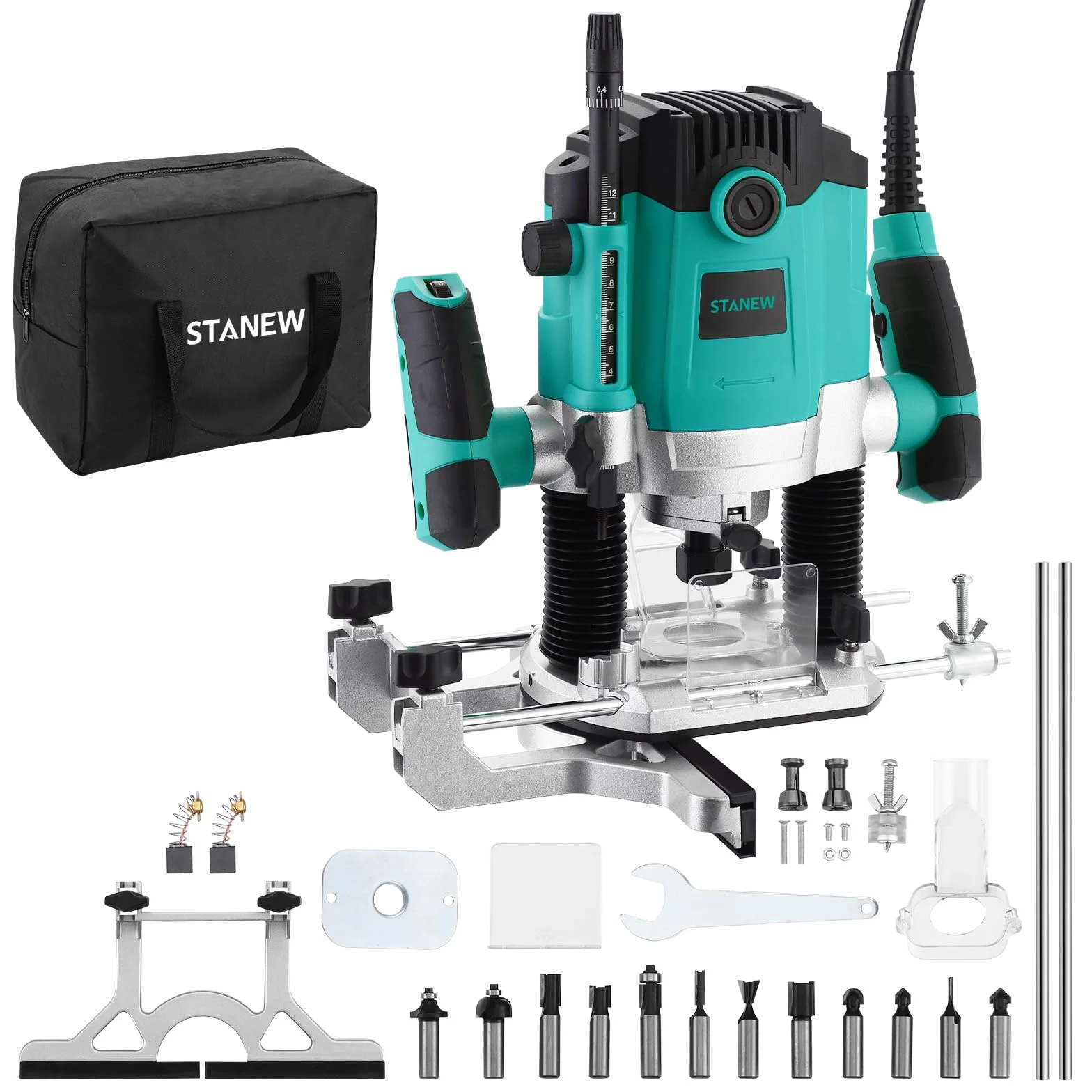 Fresadora Para Madera 1800 W,10000-28000 RPM, STANEW,Rebajadora Eléctrica con Juego de 12 fresas,7 Velocidades,3 Alicates de 6,8,12 mm,Ajuste de la Profundidad de Fresado, Bolsa de Lona