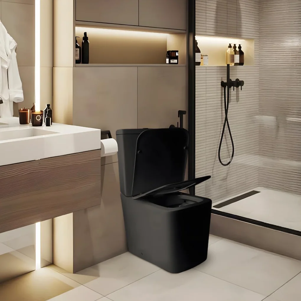 Inodoro Completo - WC Con Sistema Rimless Antibacterias - Vater Baño Con Tapa Dura Extrafina Amortiguada - Salida Dual - Para Hogar Color Negro