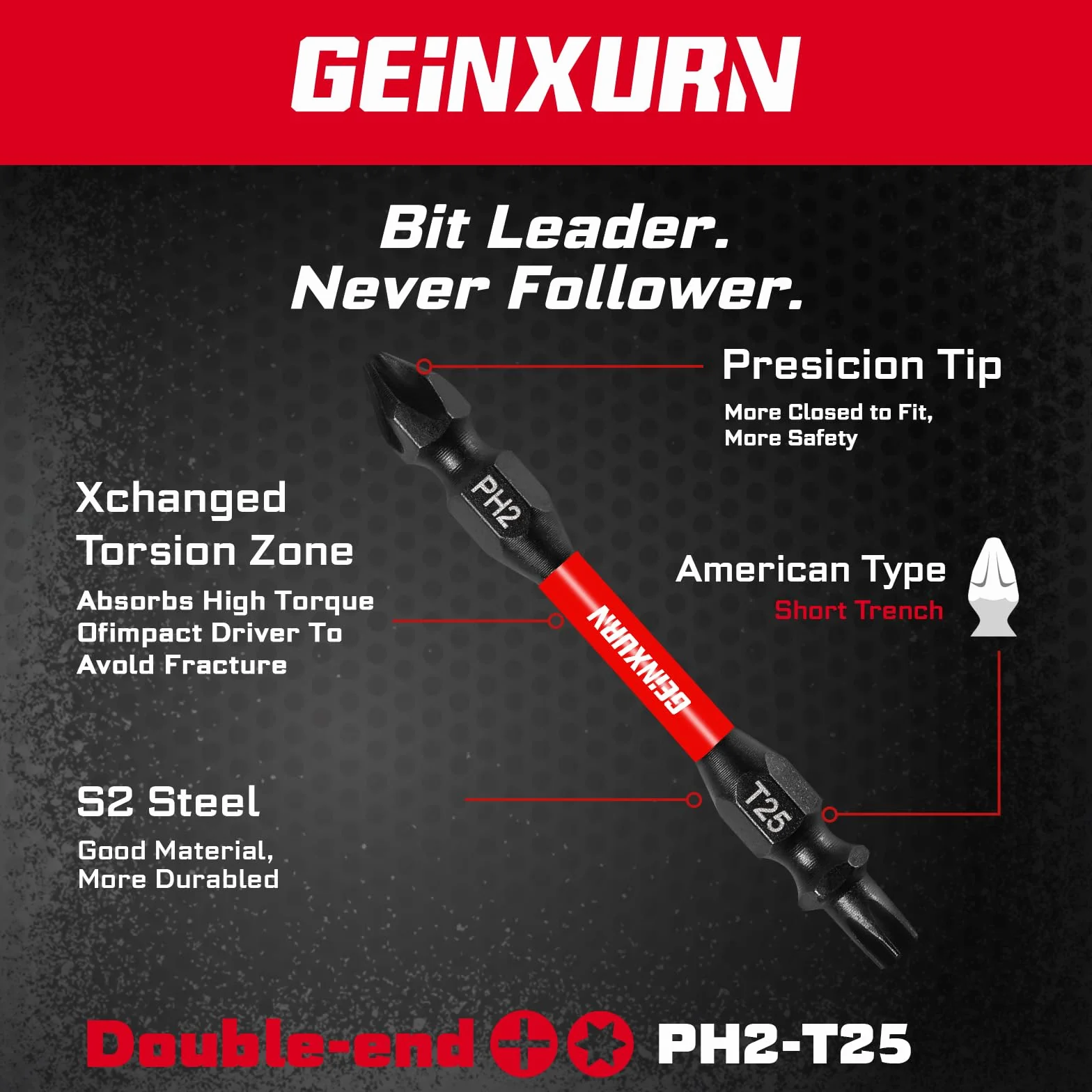 Geinxurn Juego de 10 puntas de destornillador de doble extremo PH2-T25 de 2.56 pulgadas. Brocas de destornillador de potencia Torx #2 Phillips/#25, juego de puntas de destornillador magnéticas de