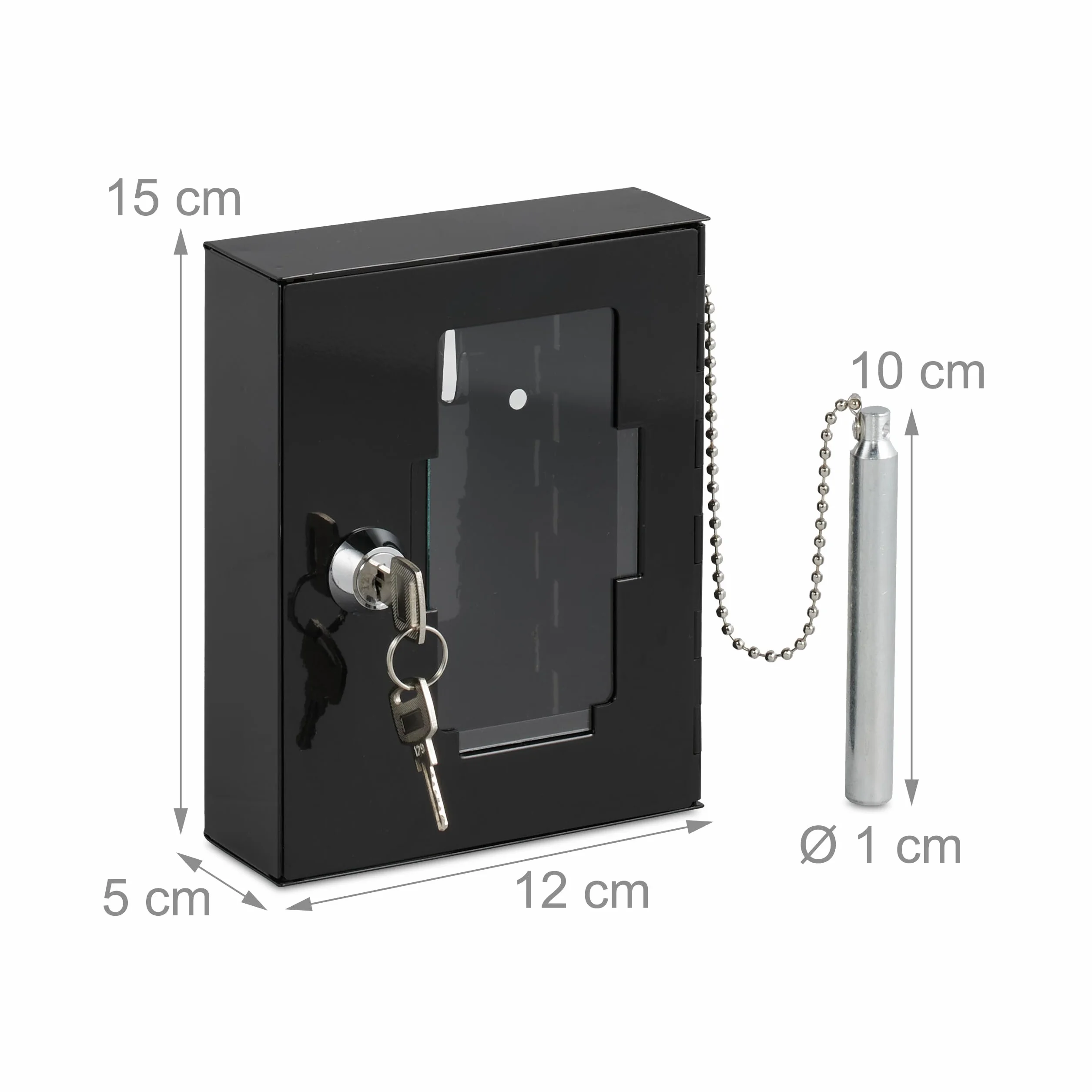Relaxdays Caja para Llave de Emergencia, Cajetín con Ventana de Cristal y Martillo, Cerradura, Portallave Metal, Negro, 15 x 12 x 5 cm