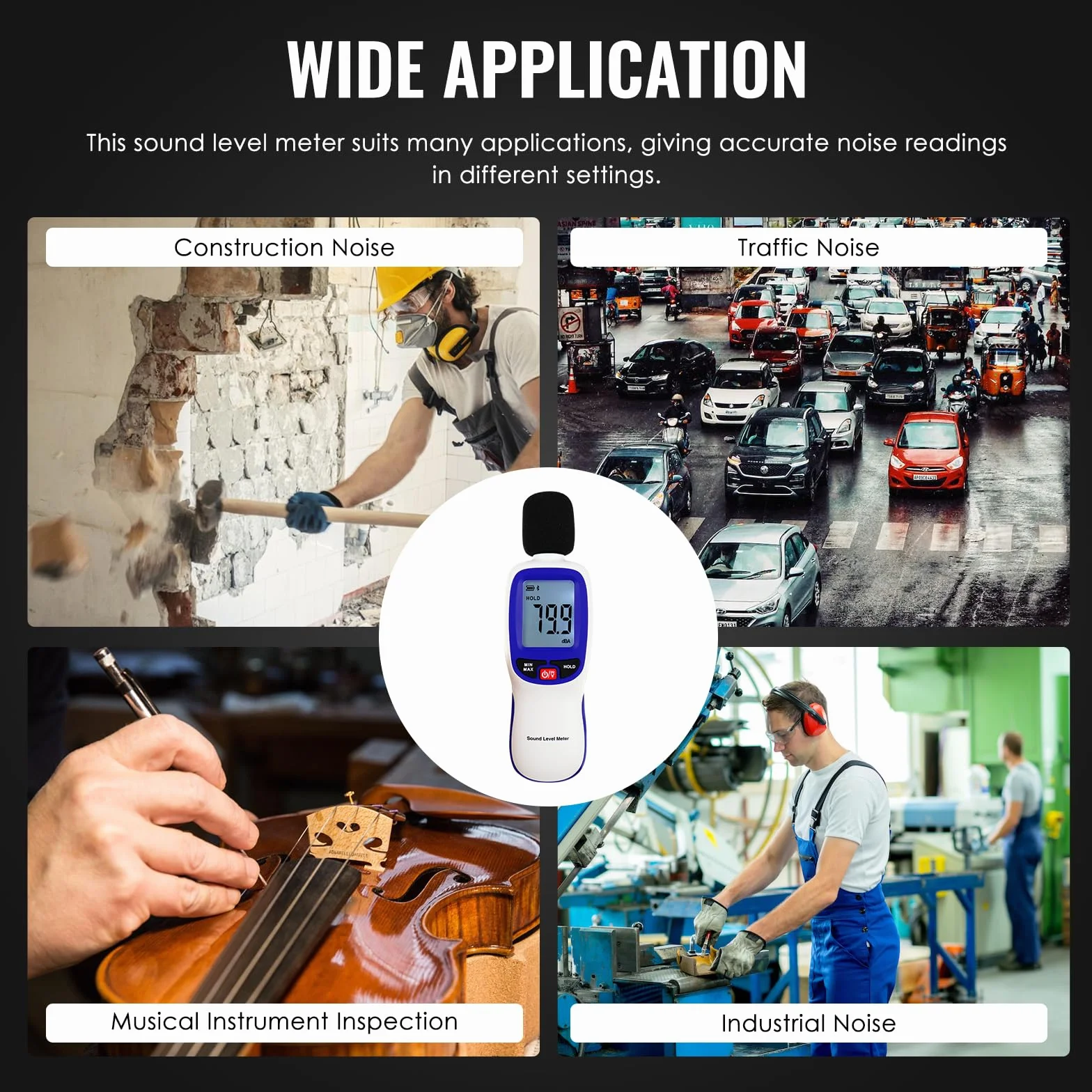Medidor de decibelios Bluetooth digital de nivel de sonido con APP Datalogger, medidor SPL inalámbrico de 30-130dBA de alta precisión, 20.000 registros, máx./min/espera, alarma - probador de ruido
