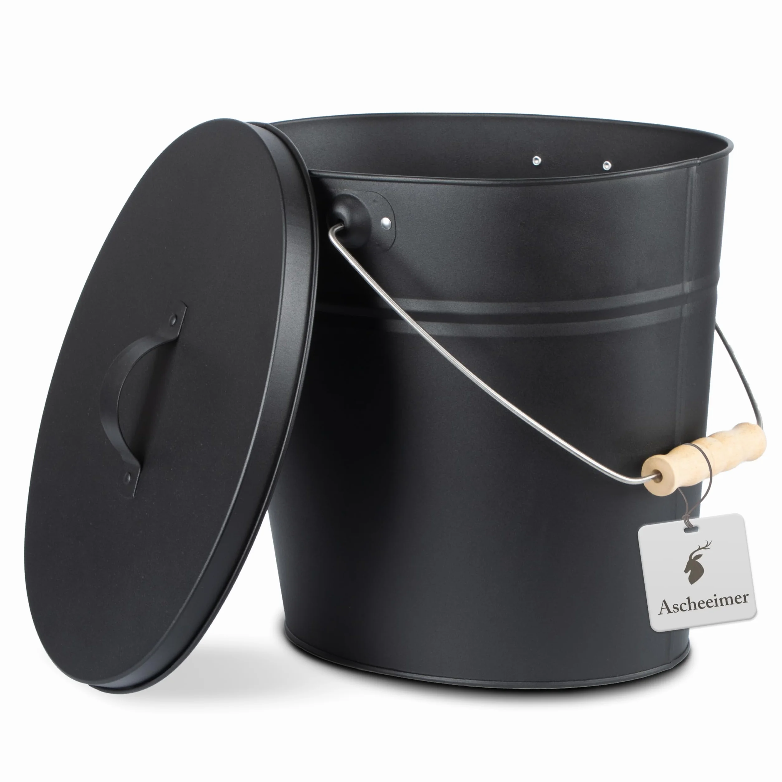 REWU Cubo de cenizas con tapa, 15 L, metal para chimenea y barbacoa | Cubo de metal estable de 15 L con tapa para cenizas completamente enfriadas, chimenea, carbón, briquetas y leña